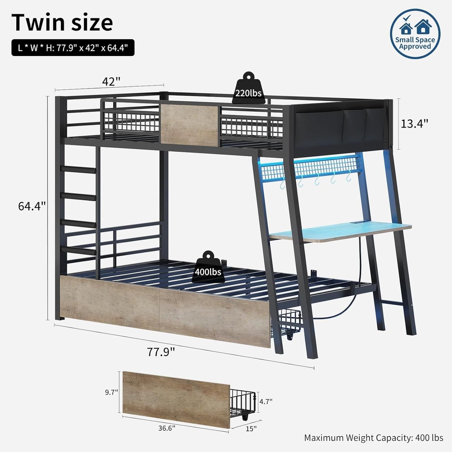 HAUOMS Bed Frame Greige Bunk Bed with Desk Greige
