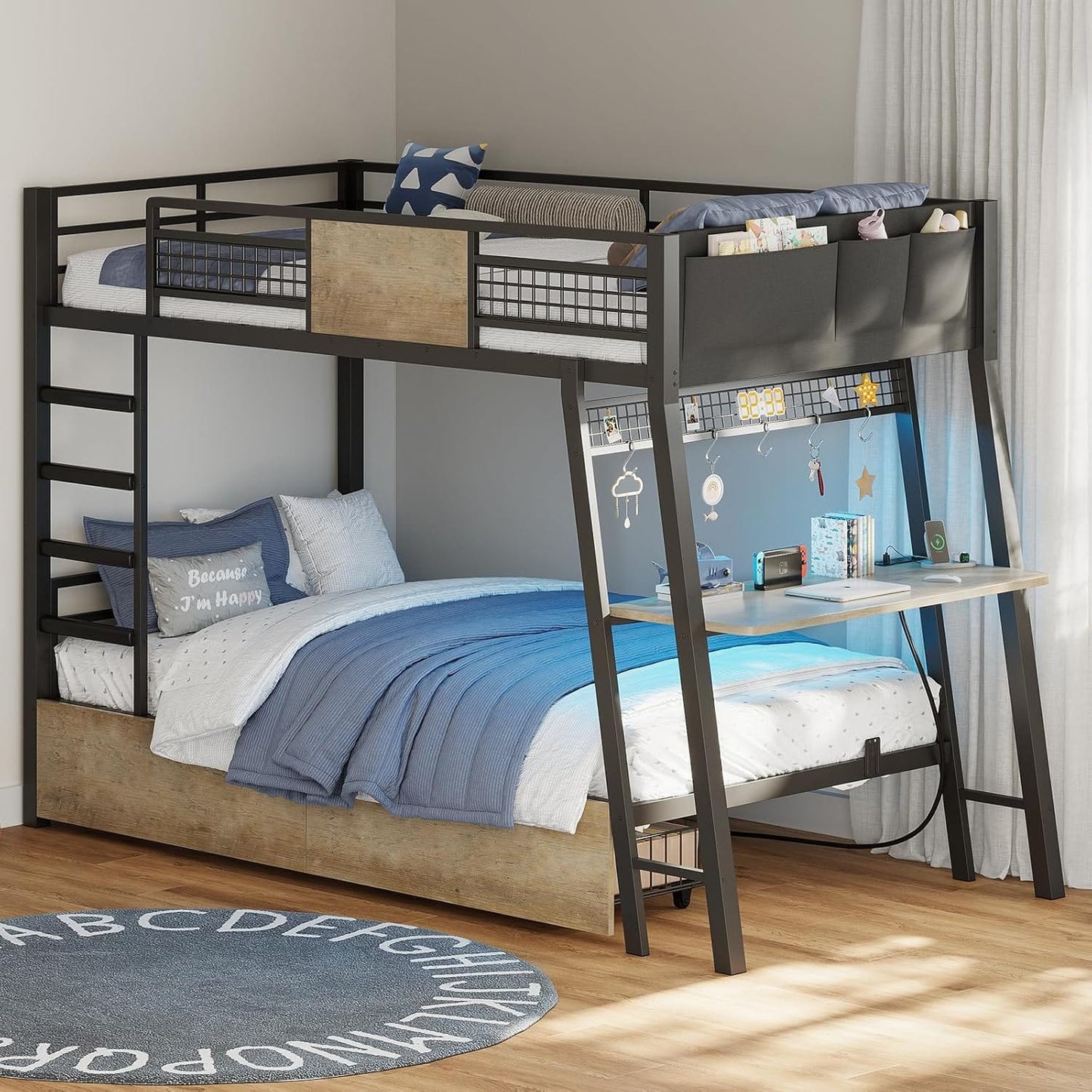 HAUOMS Bed Frame Greige Bunk Bed with Desk Greige