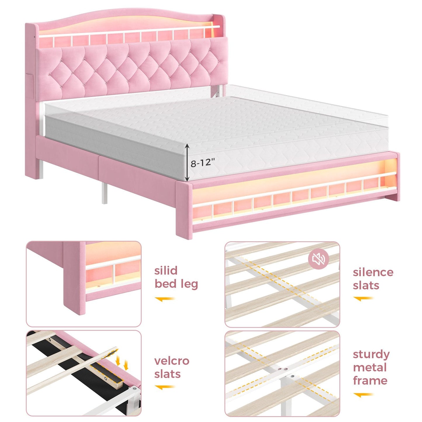 HAUOMS Bed Frame HAUOMS Full Size Bed Frame with LED Lights Princess Velvet Upholstered Platform Bedframe with Charging Station and Guardrail