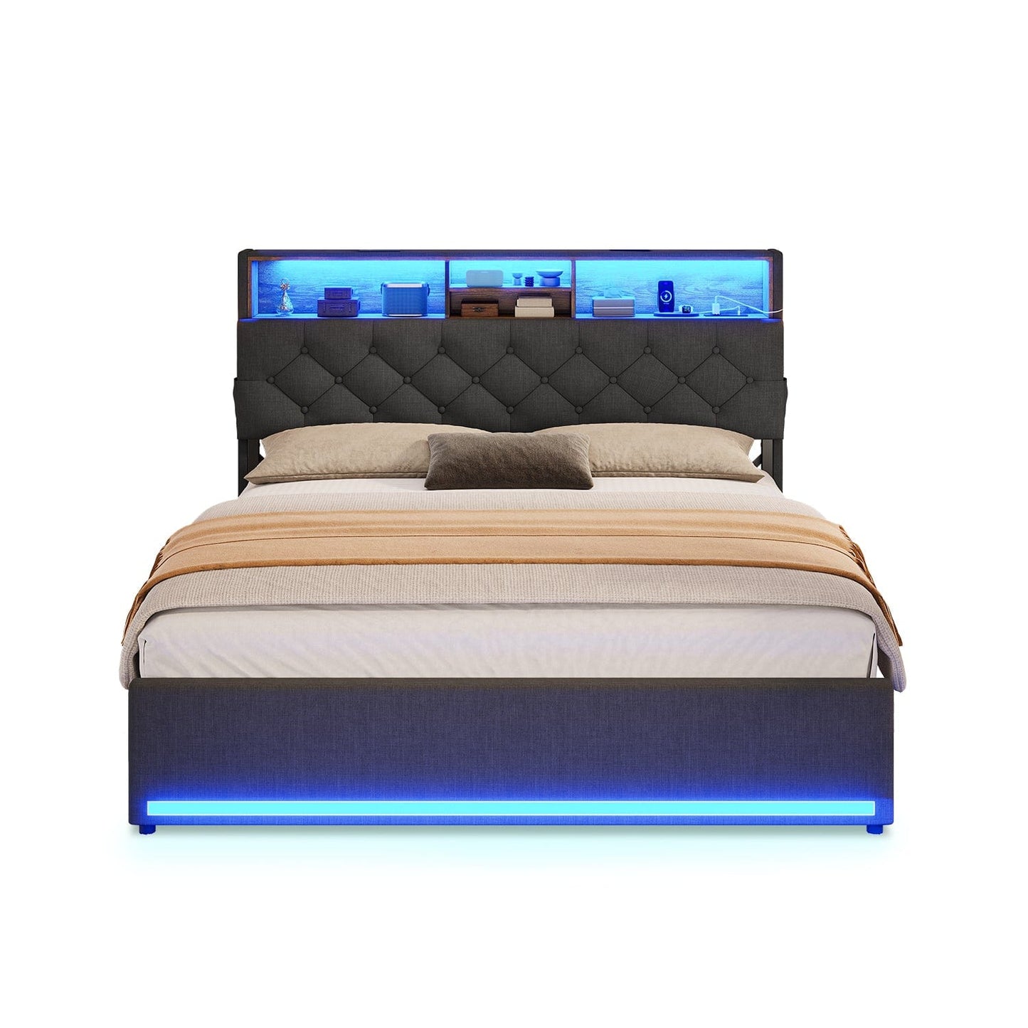 Hauoms Bed Frame LED Bed Frame 4 Drawers Linen Grey
