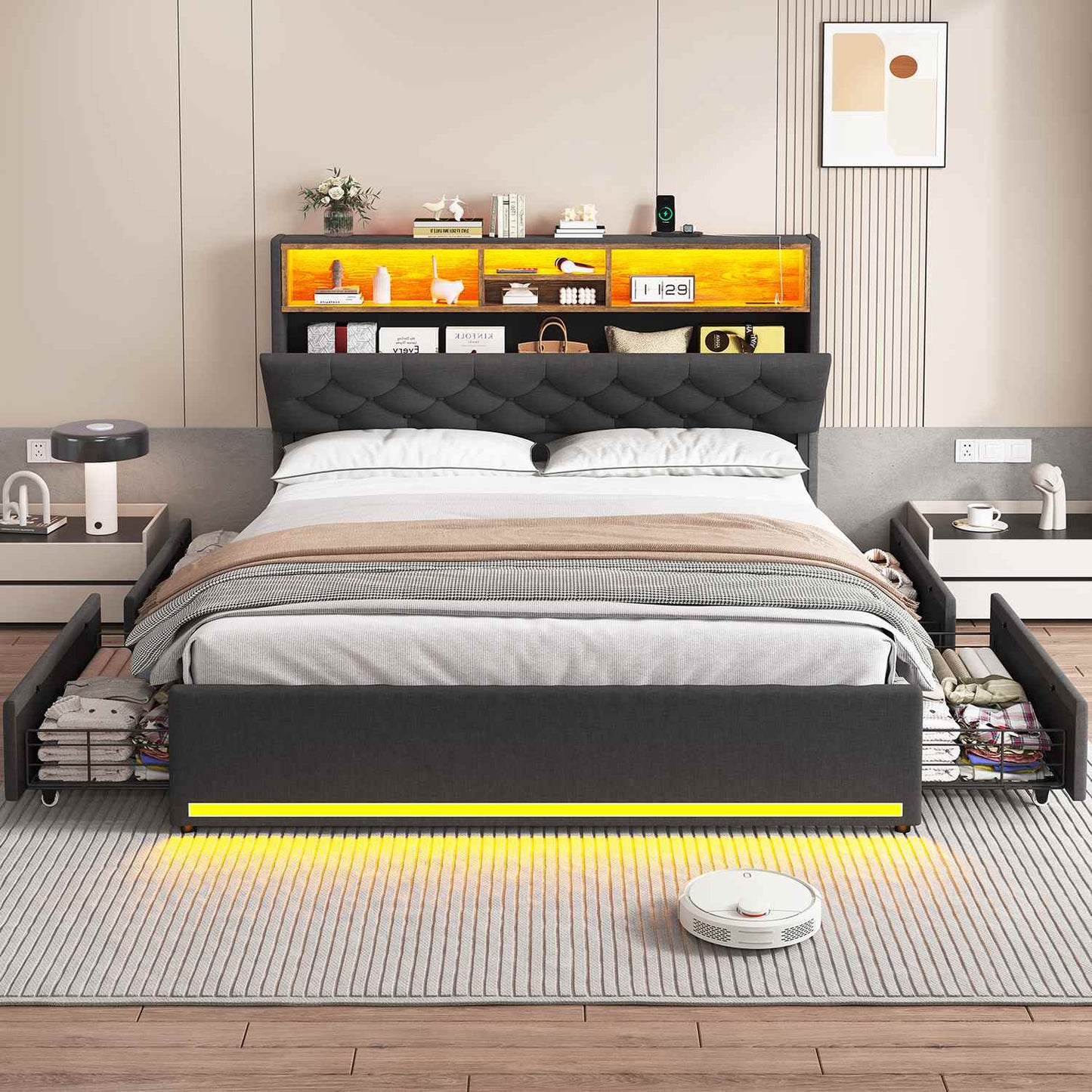 Hauoms Bed Frame LED Bed Frame 4 Drawers Linen Grey