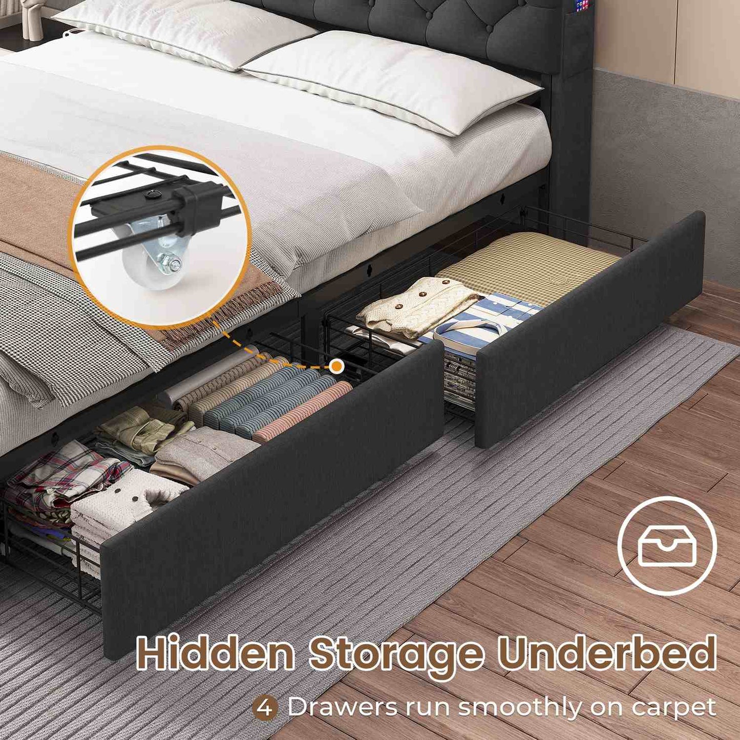 Hauoms Bed Frame LED Bed Frame 4 Drawers Linen Grey