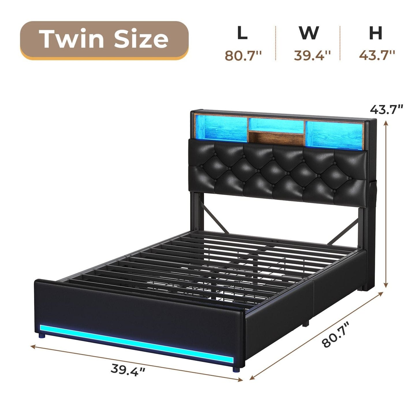 Hauoms Bed Frame LED Bed Frame 4 Drawers PU Black