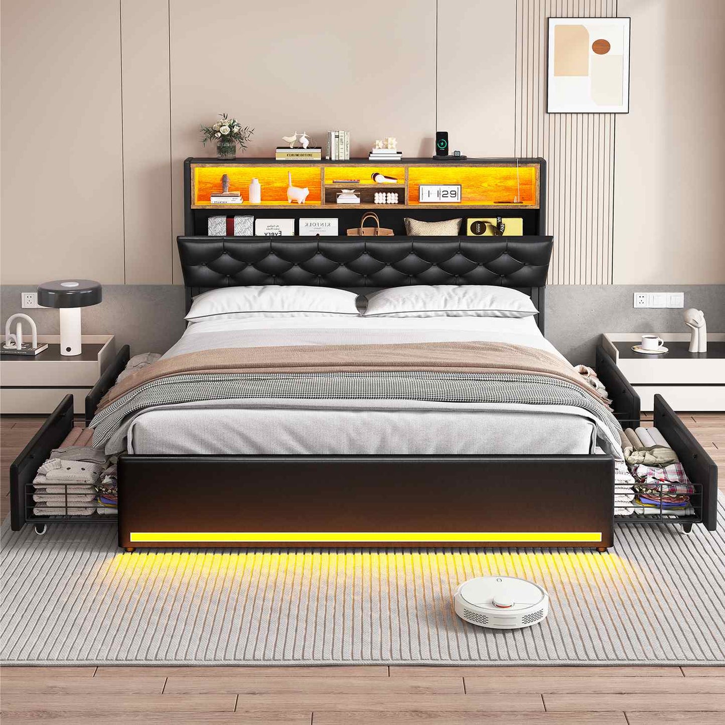 Hauoms Bed Frame LED Bed Frame 4 Drawers PU Black