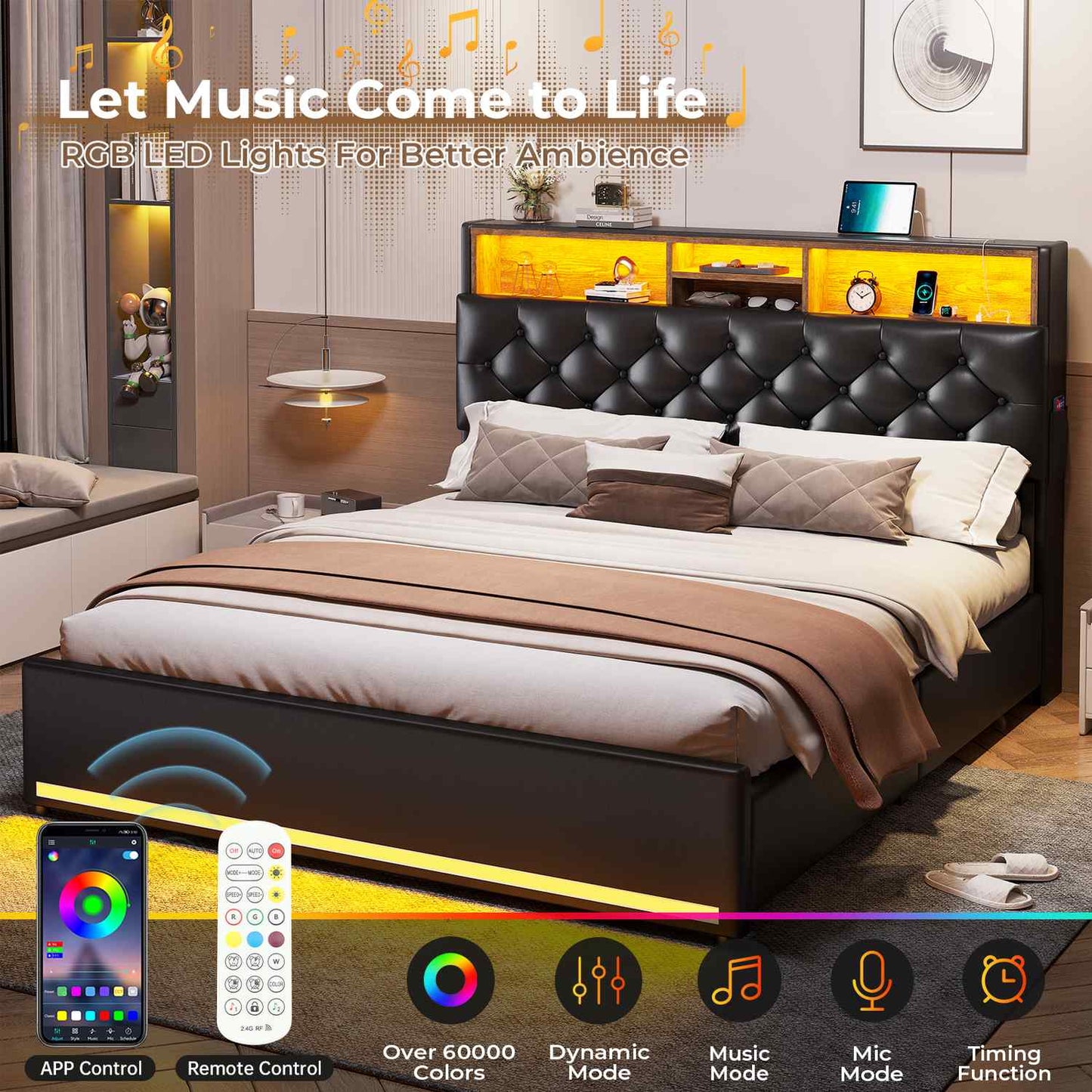 Hauoms Bed Frame LED Bed Frame 4 Drawers PU Black