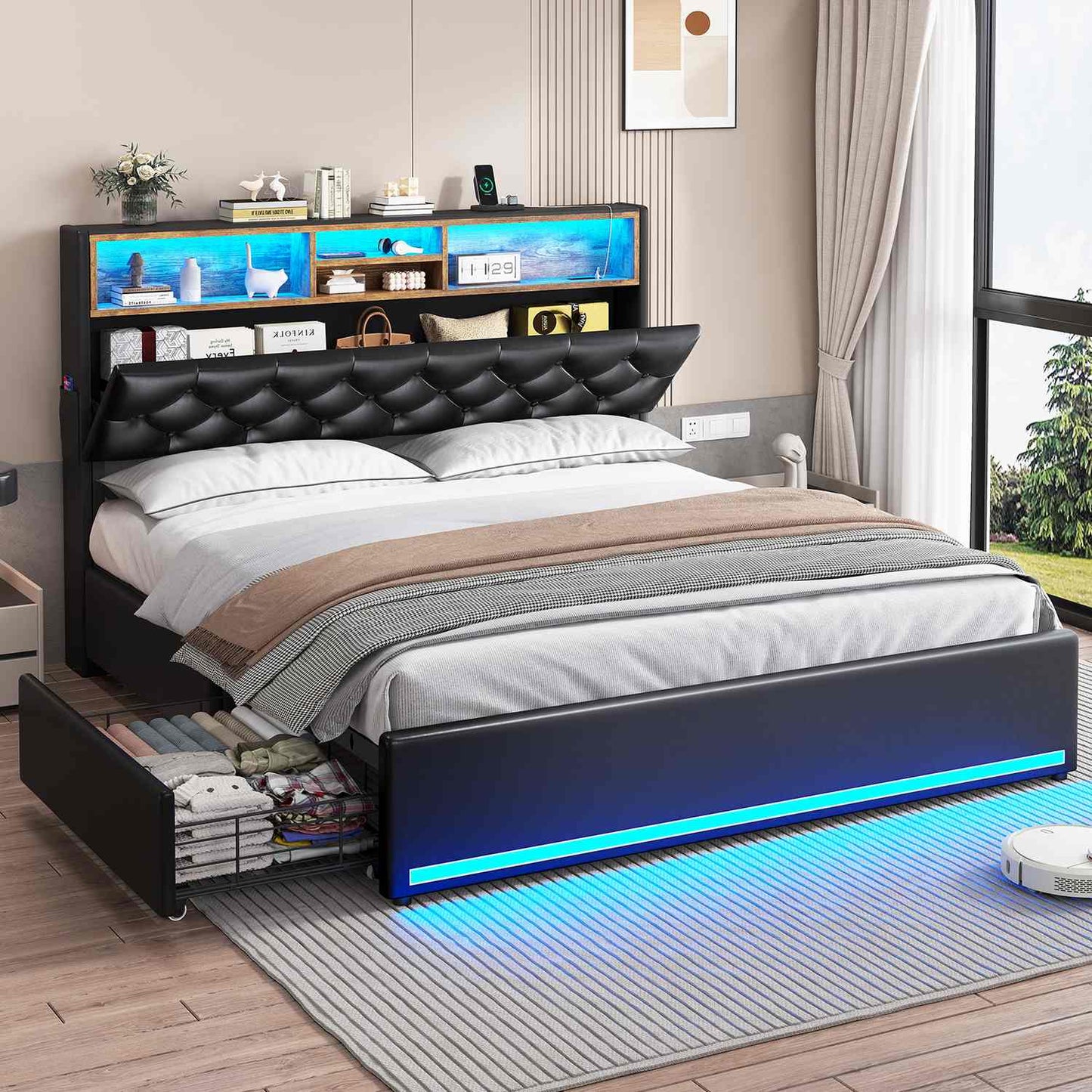 Hauoms Bed Frame LED Bed Frame 4 Drawers PU Black