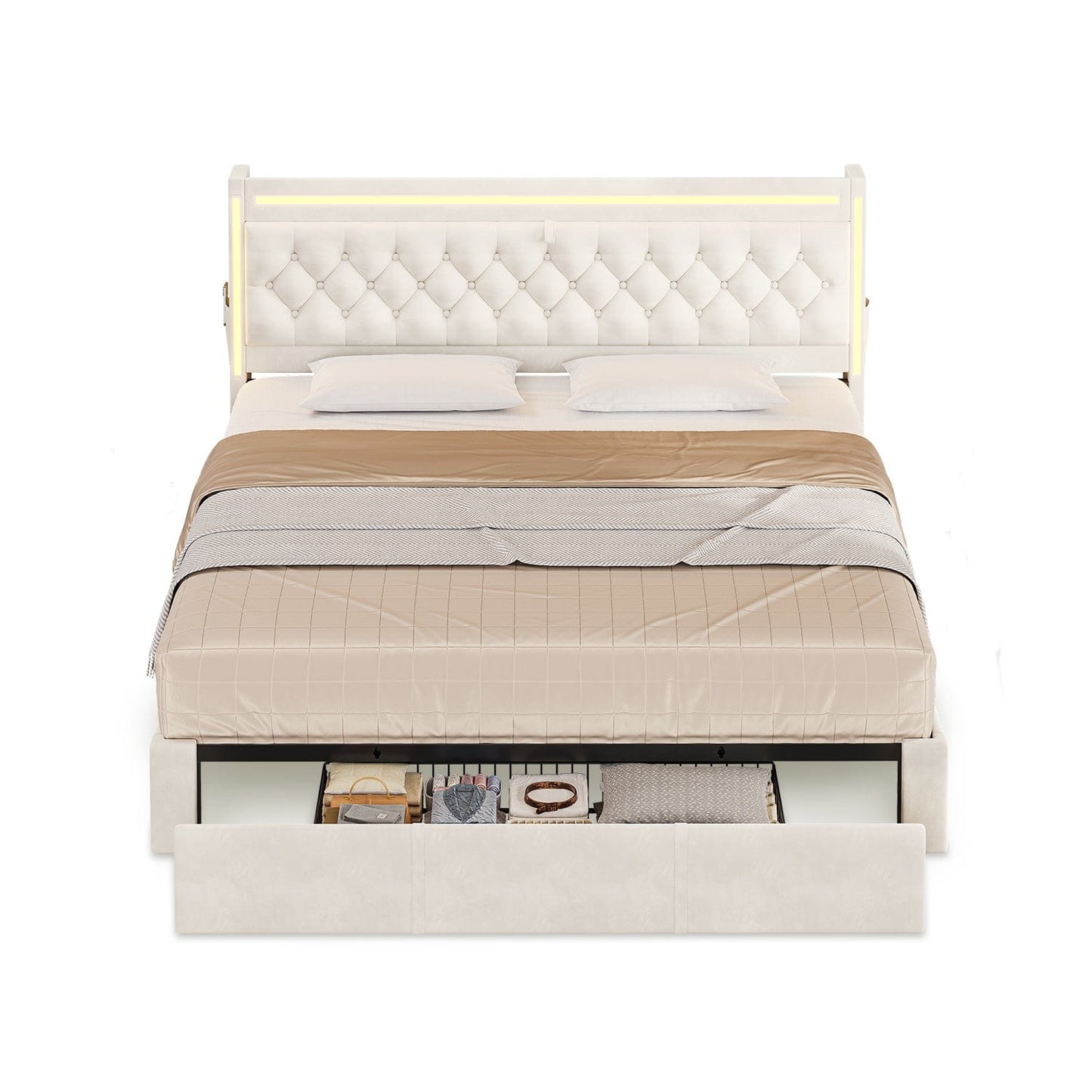 HAUOMS Bed Frame LED Bed Frame with Drawers Beige
