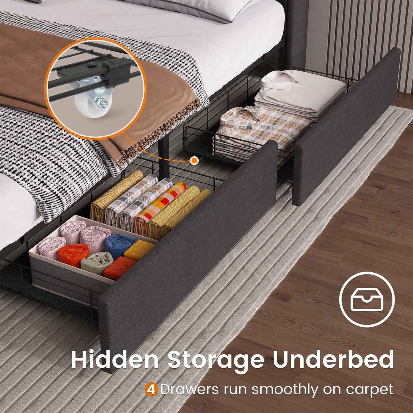 Hauoms Bed Frame LED Bed Frame with Storage Headboard Grey