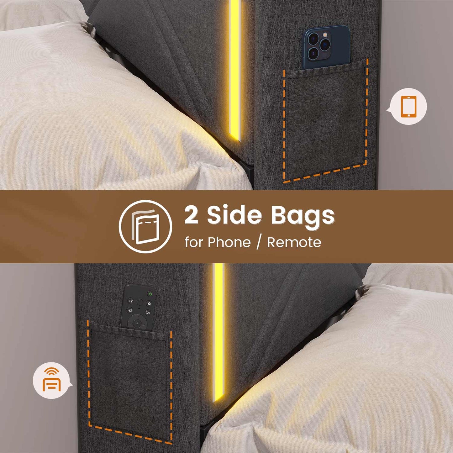 Hauoms Bed Frame LED Bed Frame with Storage Headboard Grey