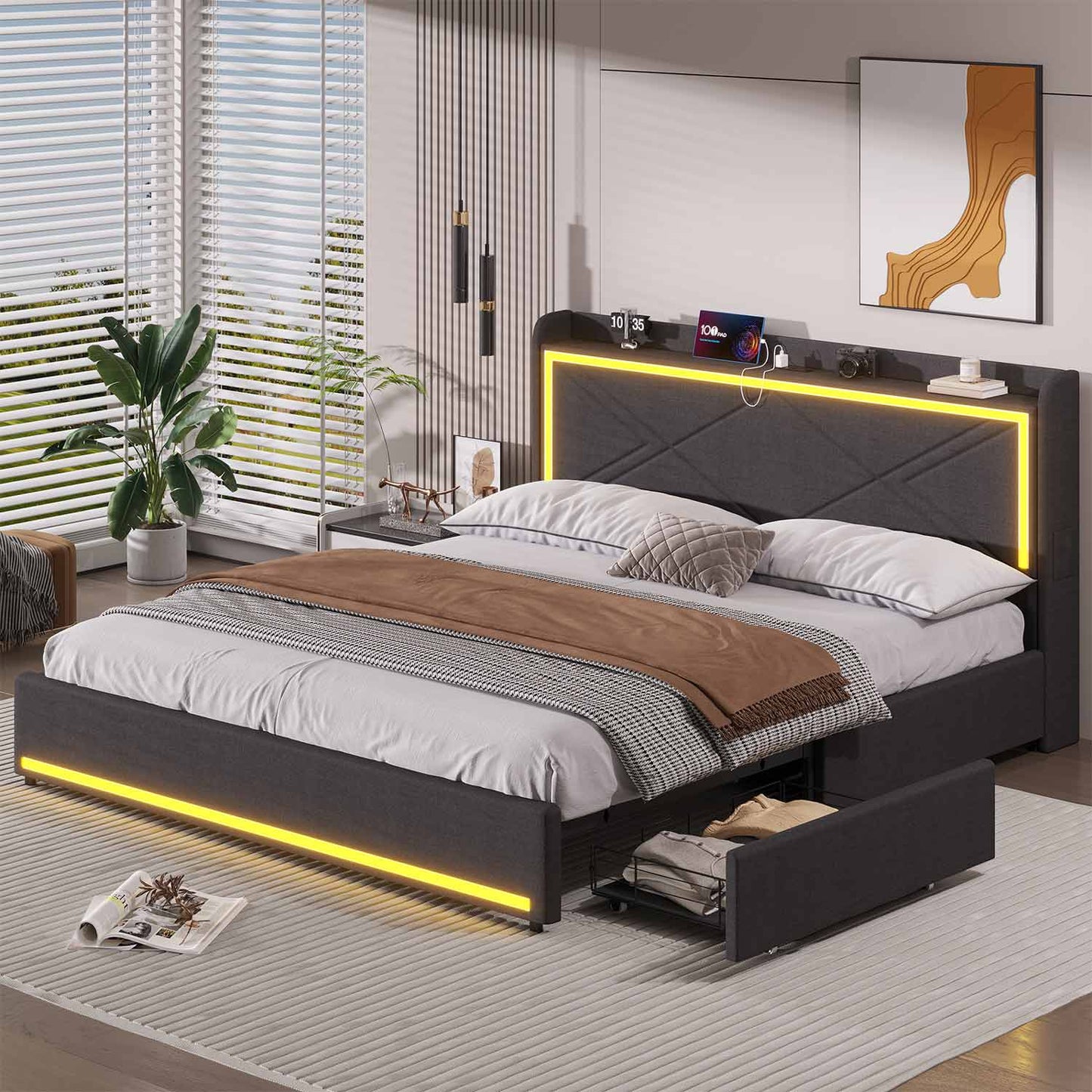 Hauoms Bed Frame LED Bed Frame with Storage Headboard Grey