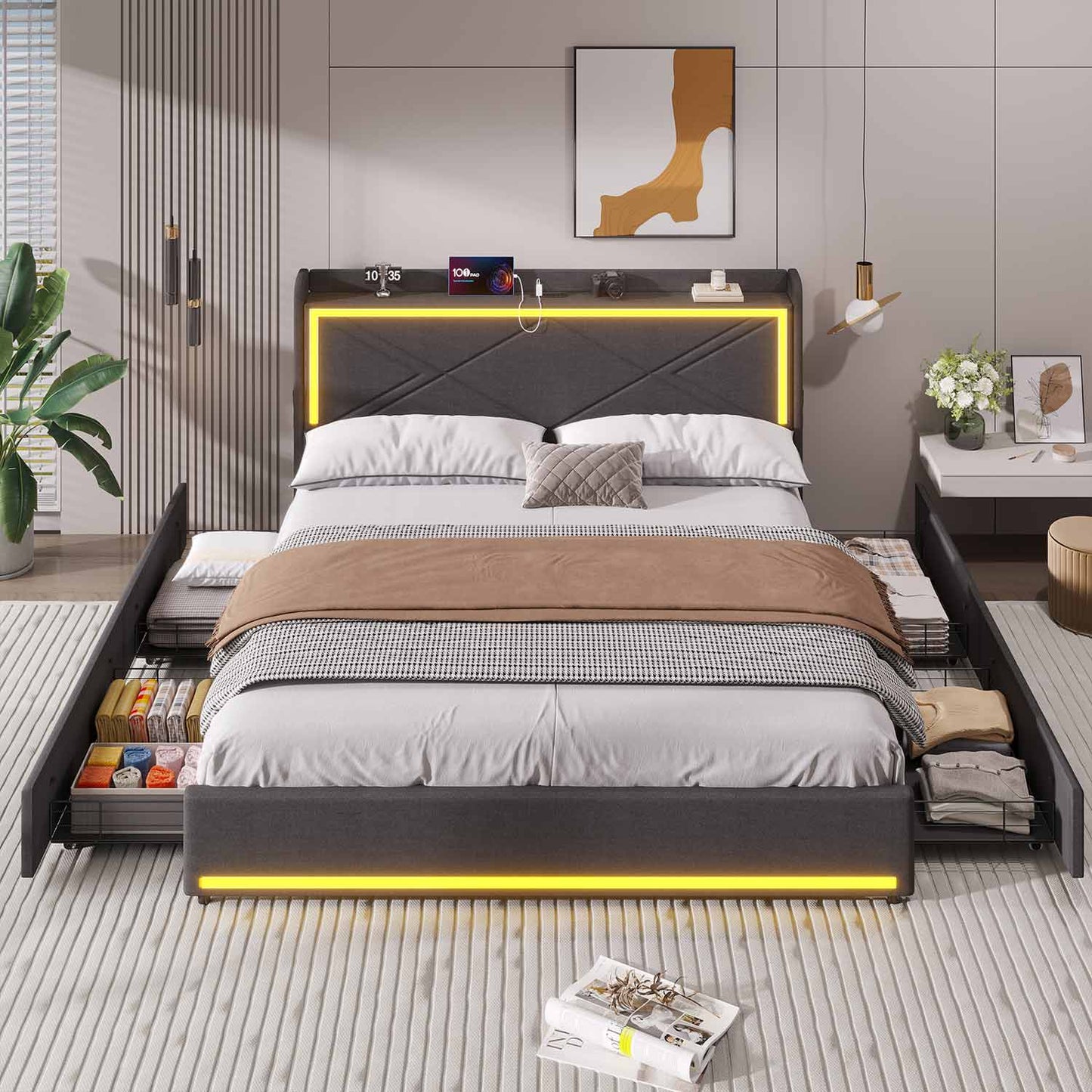 Hauoms Bed Frame LED Bed Frame with Storage Headboard Grey