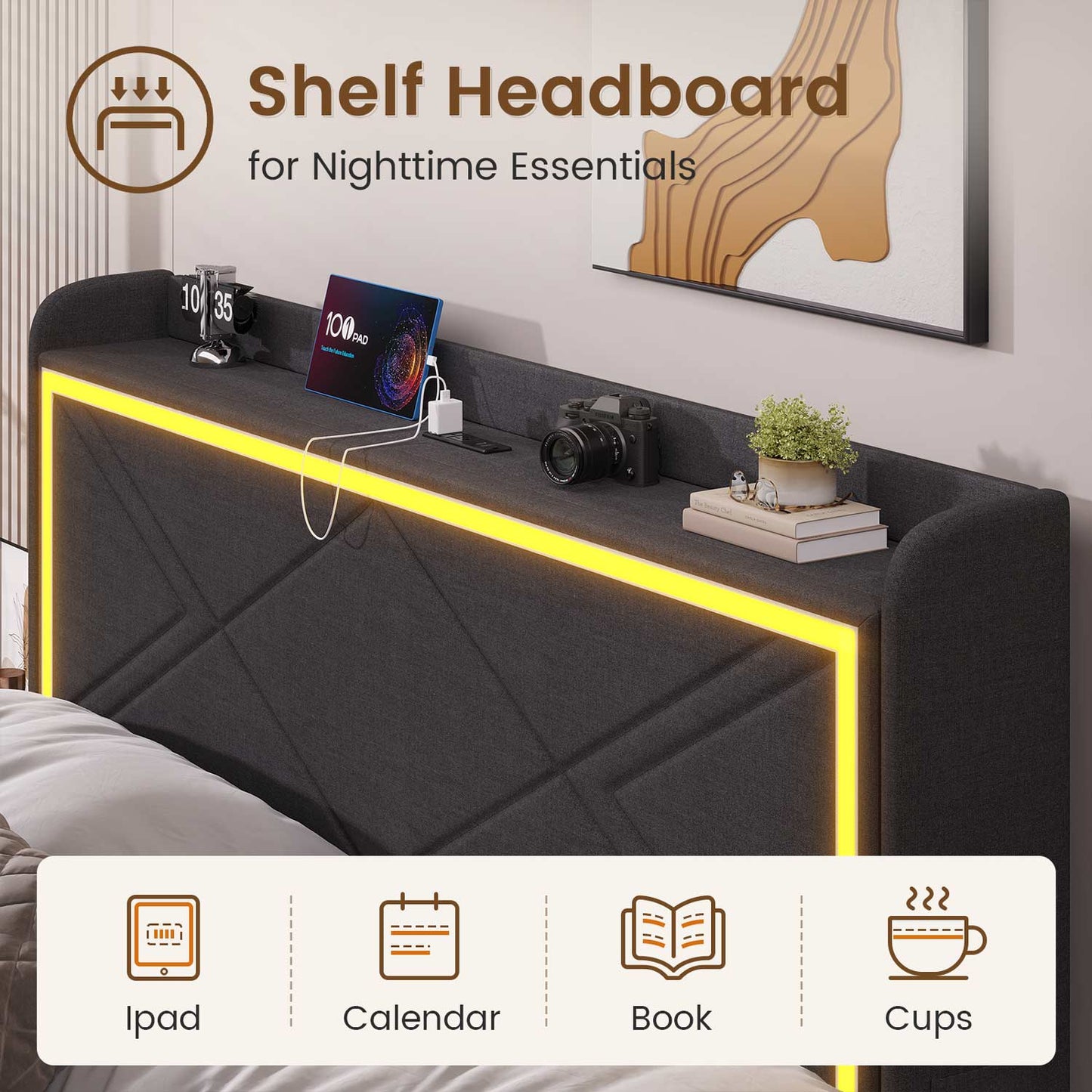 Hauoms Bed Frame LED Bed Frame with Storage Headboard Grey