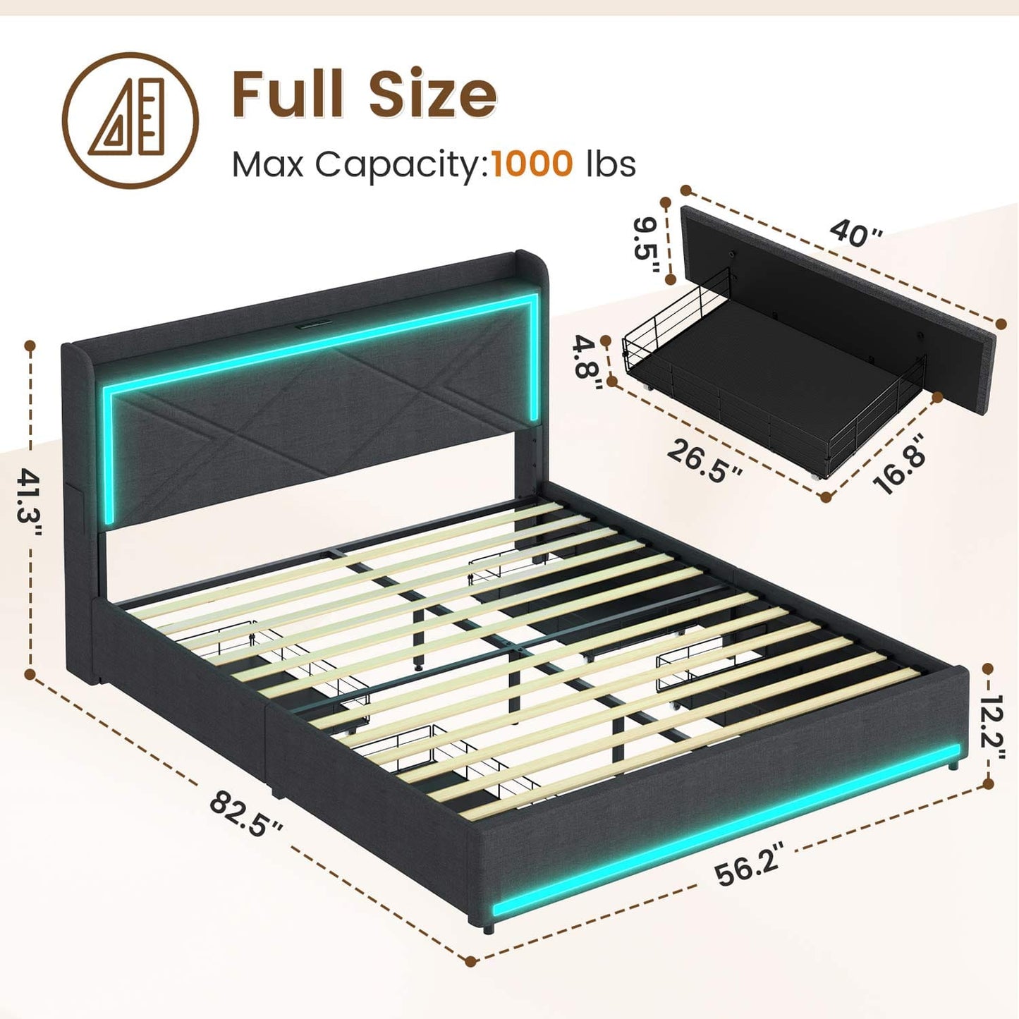 Hauoms Bed Frame LED Bed Frame with Storage Headboard Grey