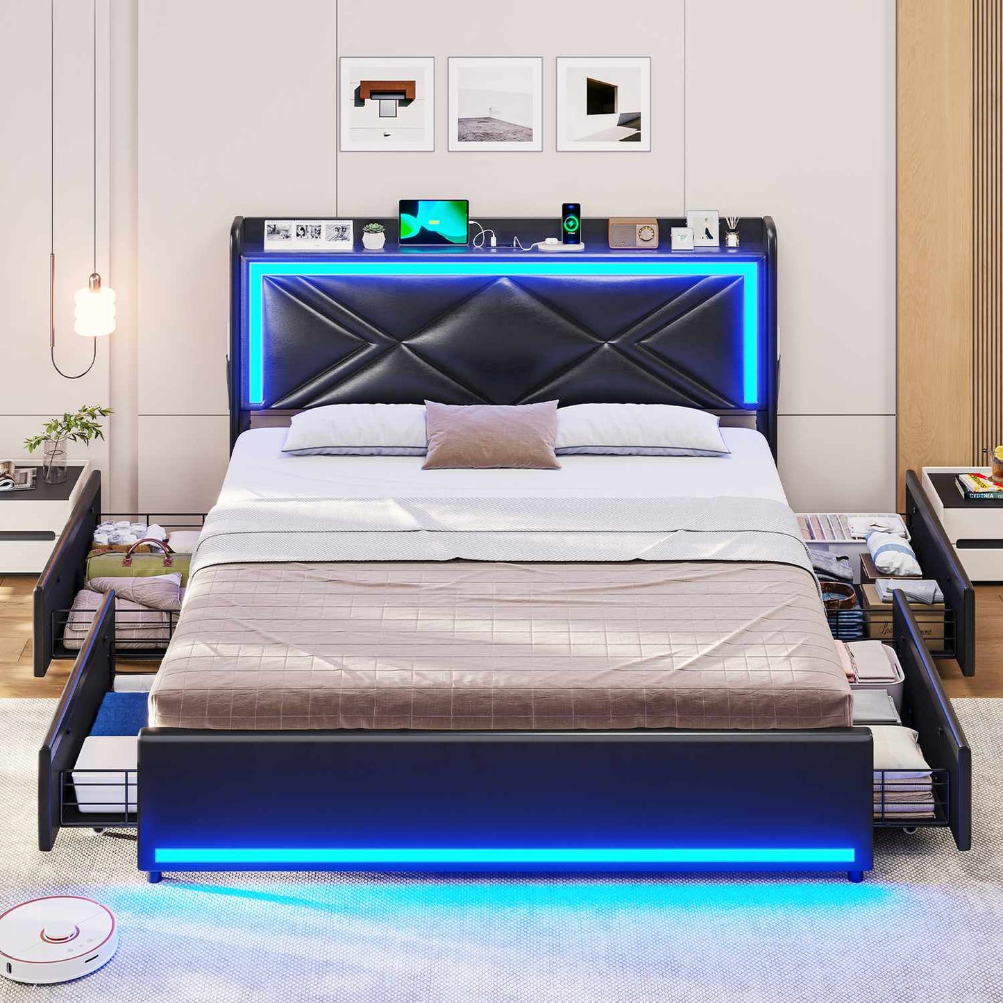 Hauoms Bed Frame LED Upholstered Platform Bed Frame