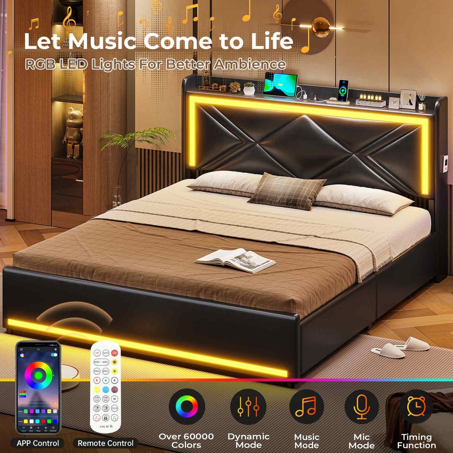 Hauoms Bed Frame LED Upholstered Platform Bed Frame
