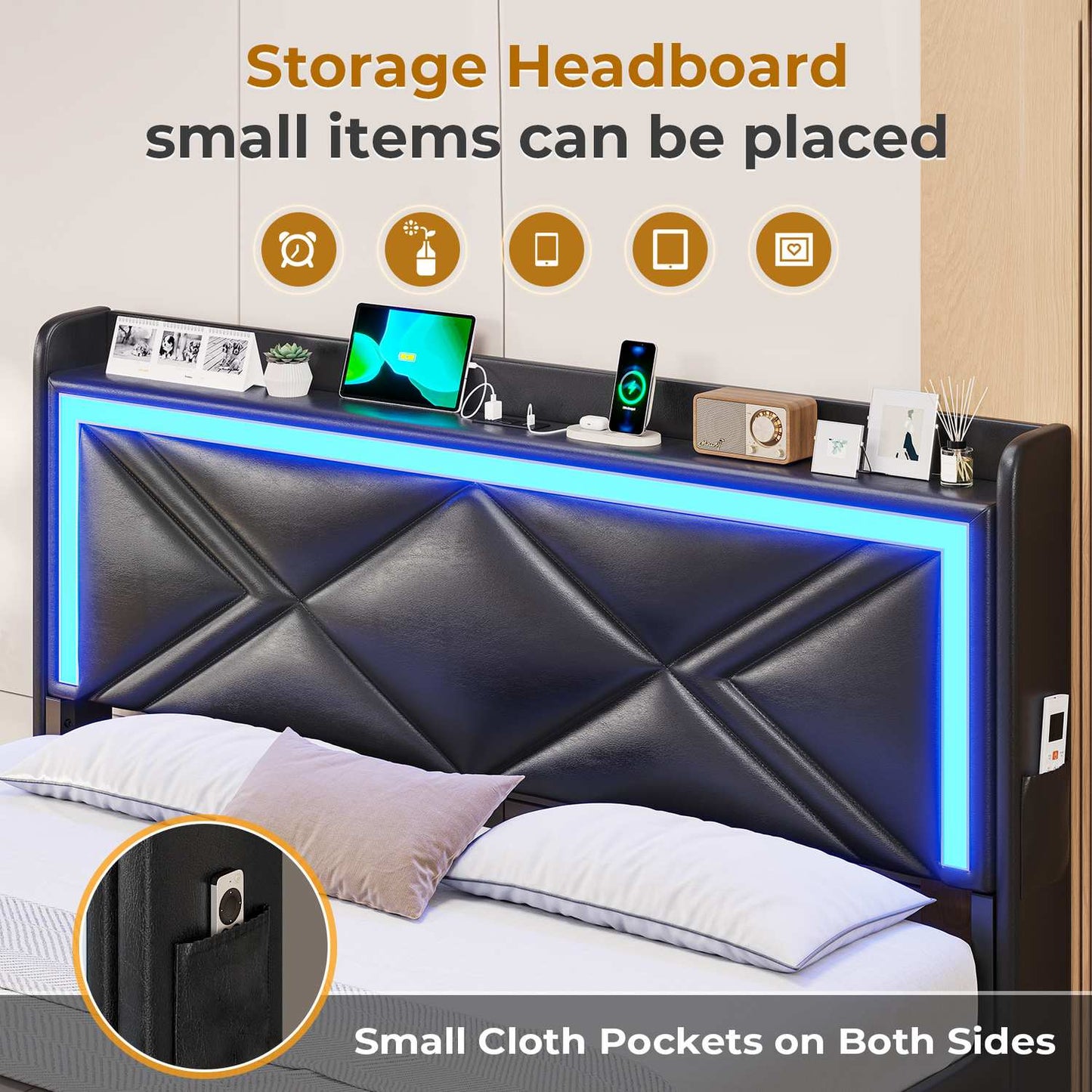 Hauoms Bed Frame LED Upholstered Platform Bed Frame