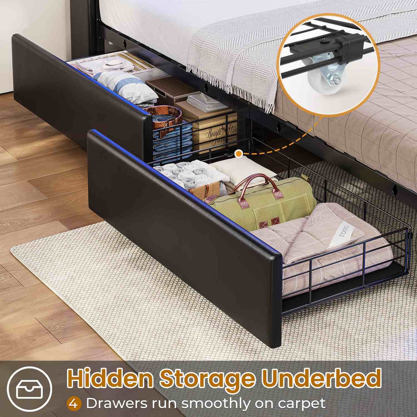 Hauoms Bed Frame LED Upholstered Platform Bed Frame