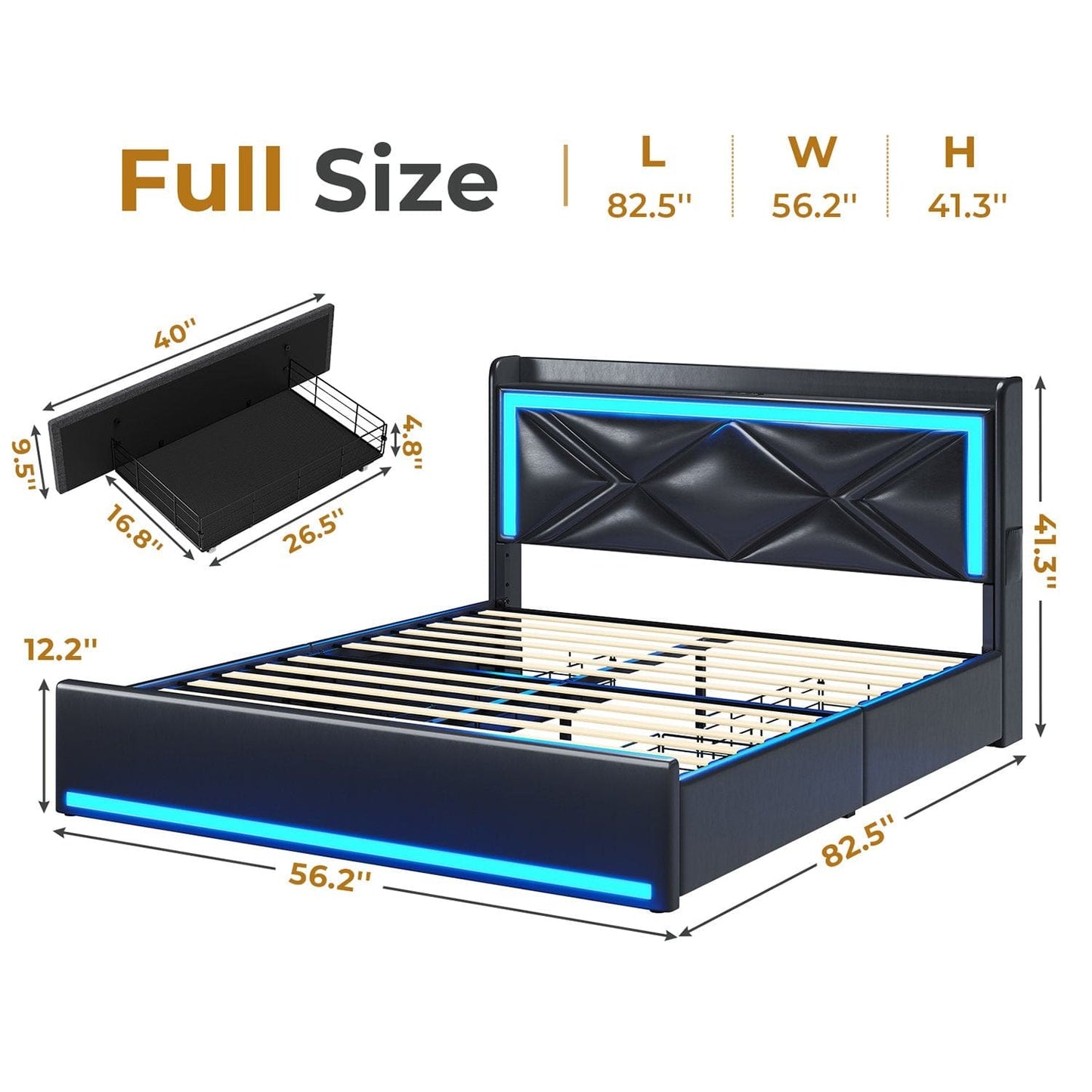 Hauoms Bed Frame LED Upholstered Platform Bed Frame