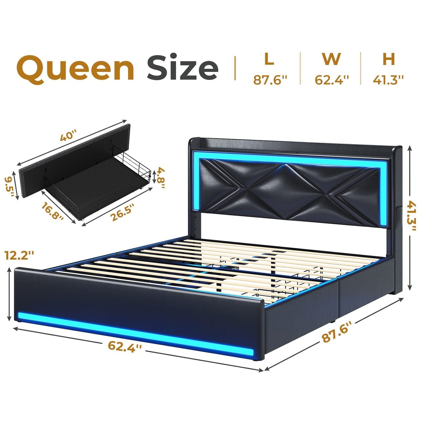 Hauoms Bed Frame LED Upholstered Platform Bed Frame