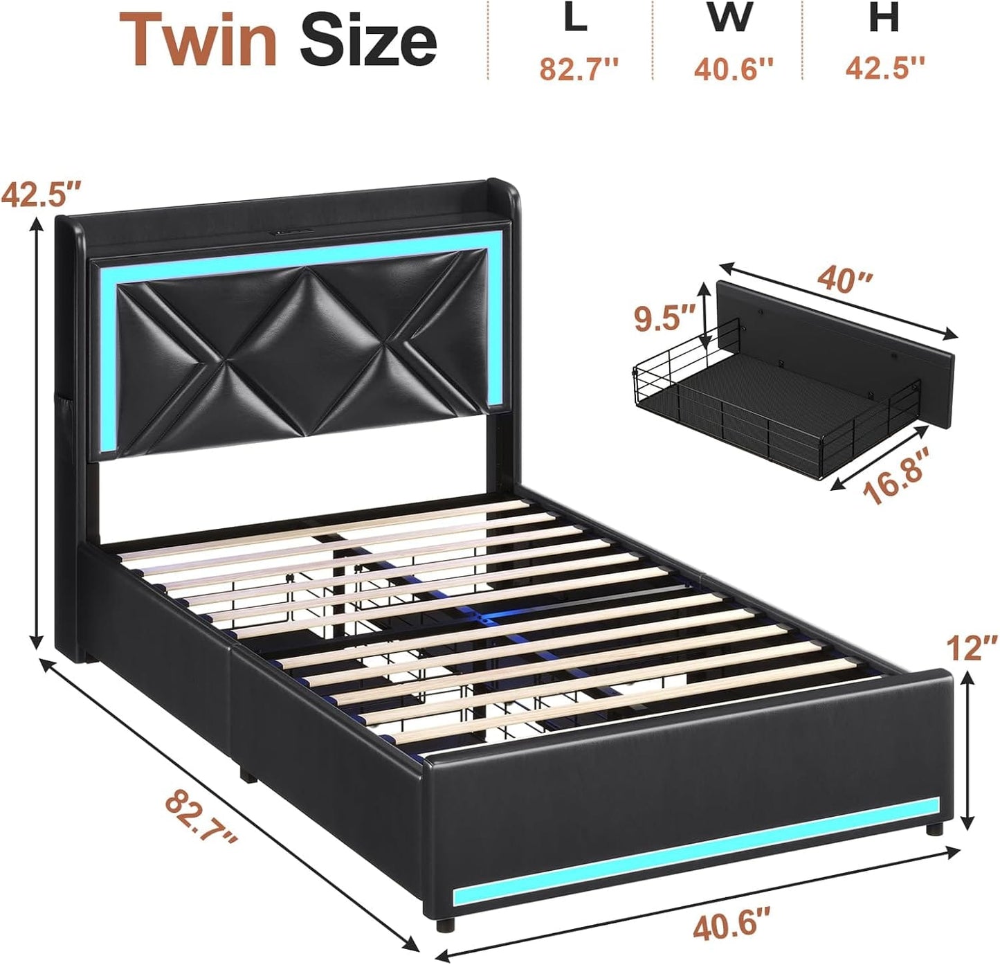 Hauoms Bed Frame LED Upholstered Platform Bed Frame