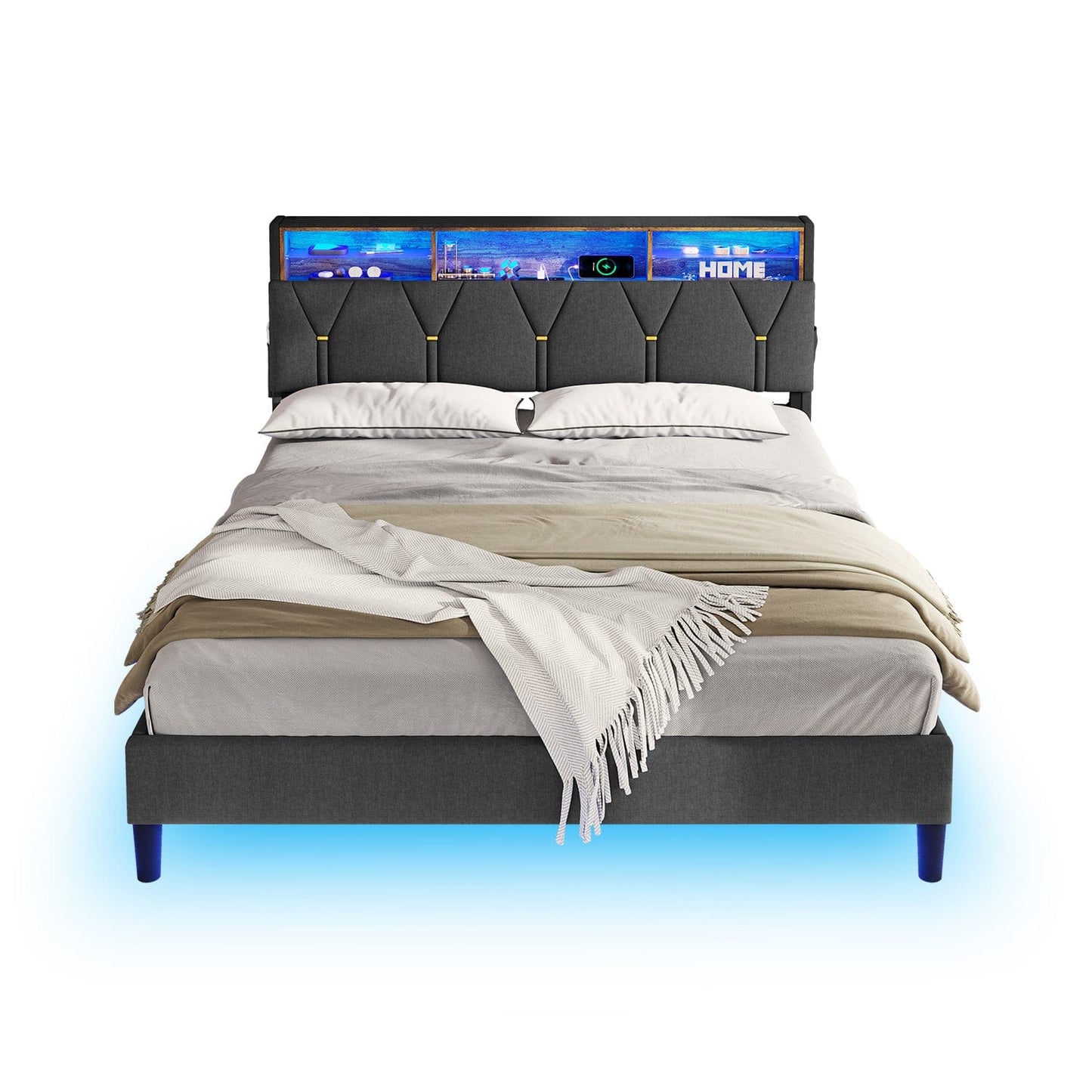 HAUOMS Bed Frame Linen Fabric LED Bed Frame Grey