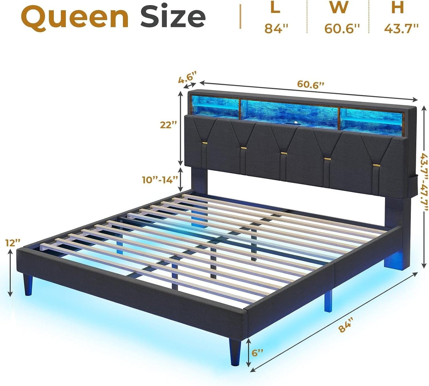 Hauoms Bed Frame Linen Fabric LED Bed Frame Grey