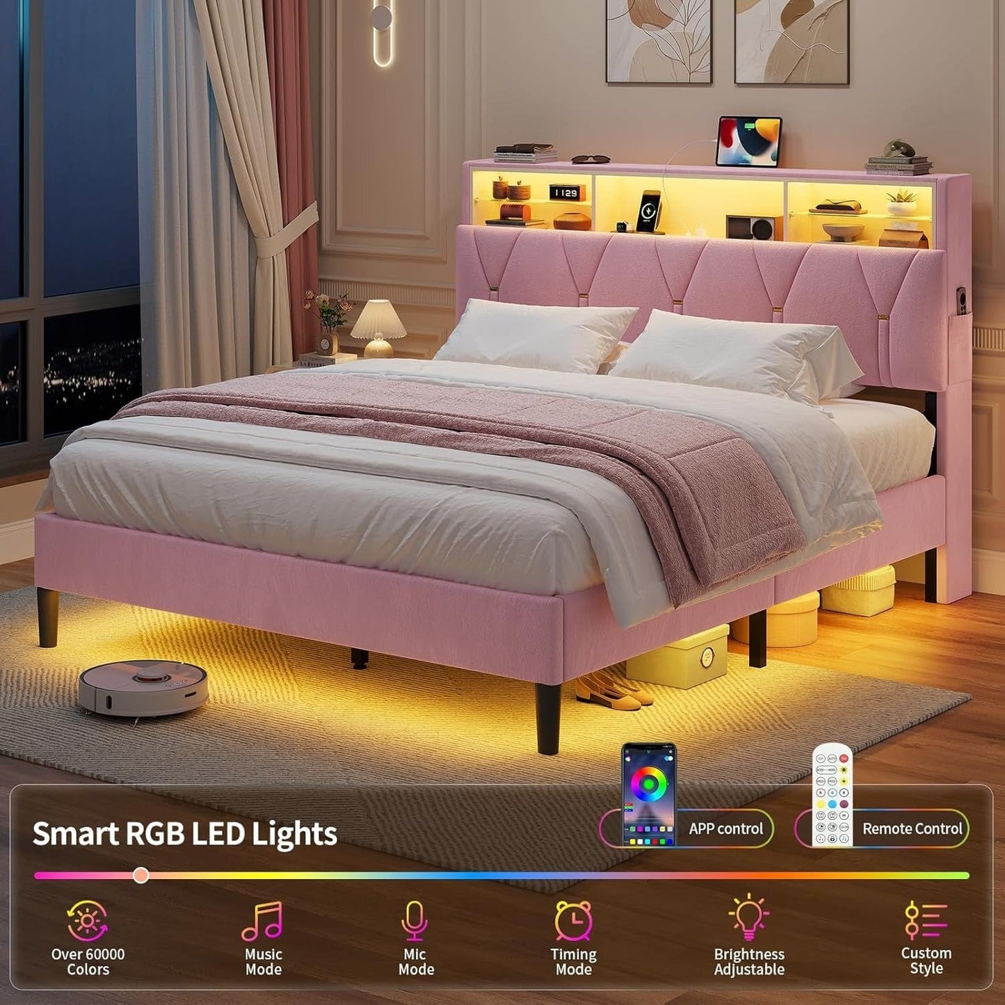 HAUOMS Bed Frame Linen Fabric LED Bed Frame Pink