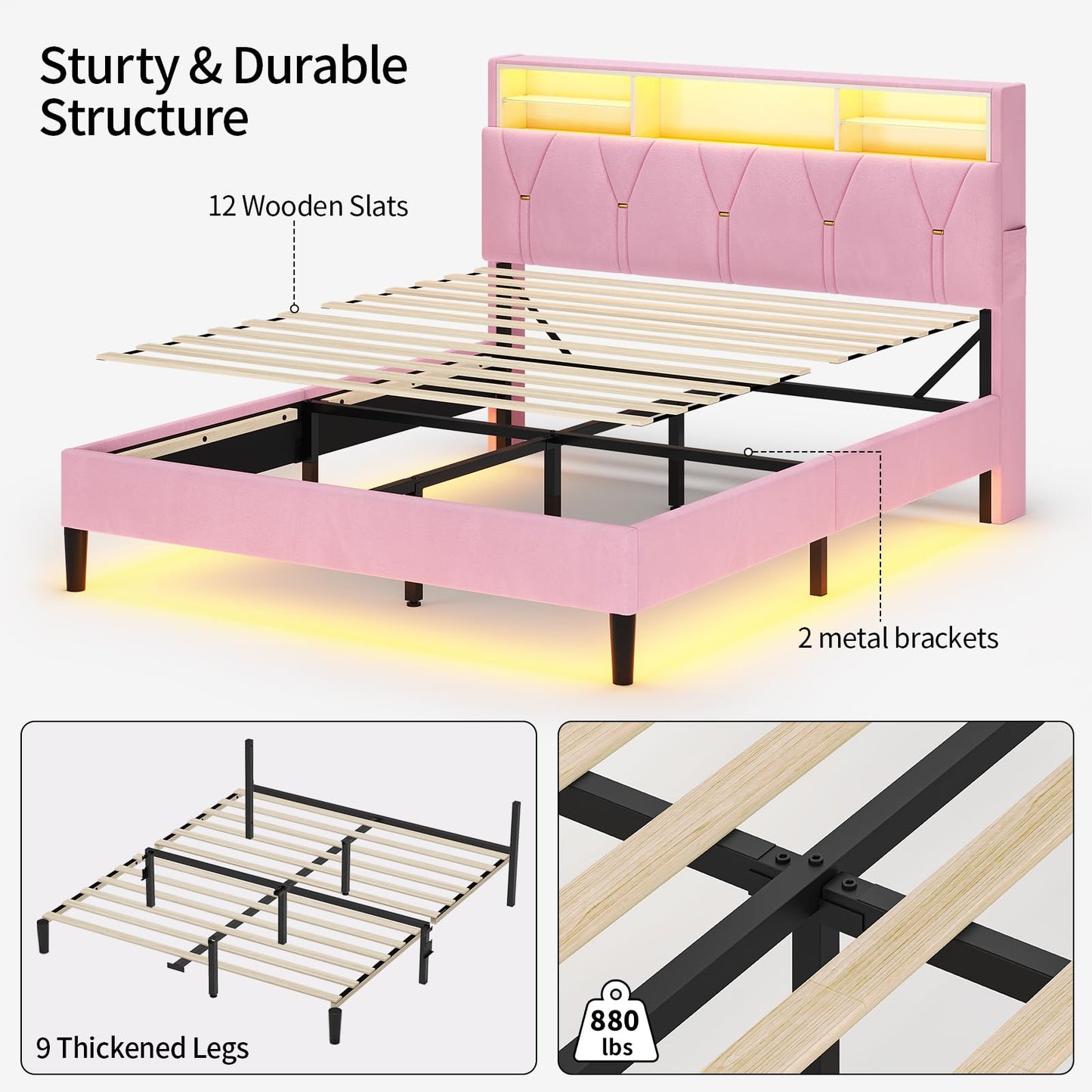 HAUOMS Bed Frame Linen Fabric LED Bed Frame Pink