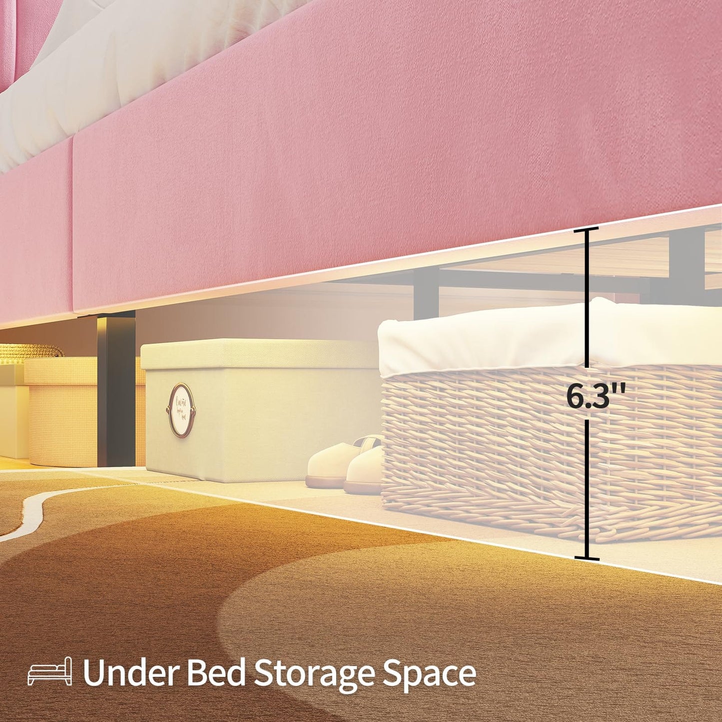 HAUOMS Bed Frame Linen Fabric LED Bed Frame Pink
