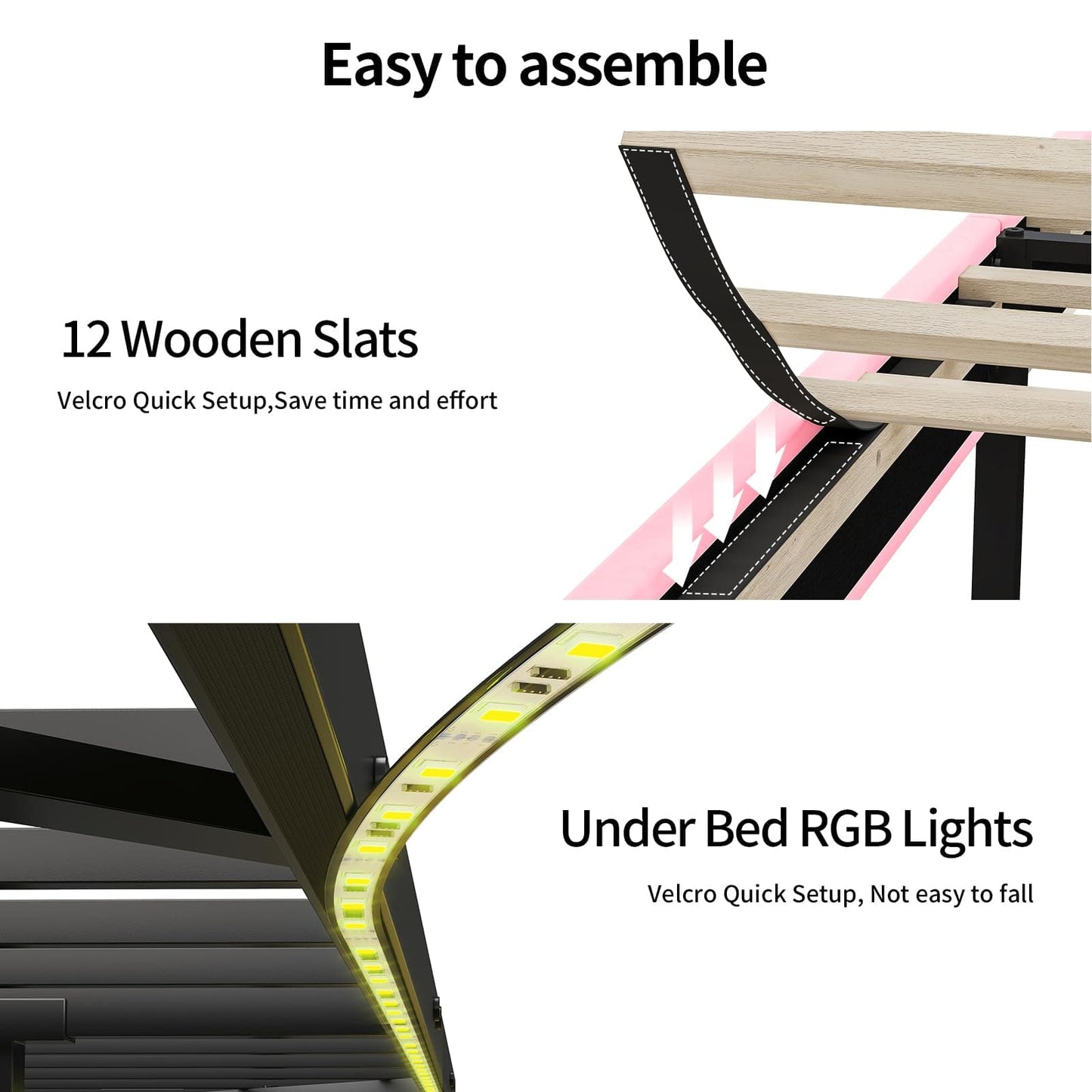 HAUOMS Bed Frame Linen Fabric LED Bed Frame Pink