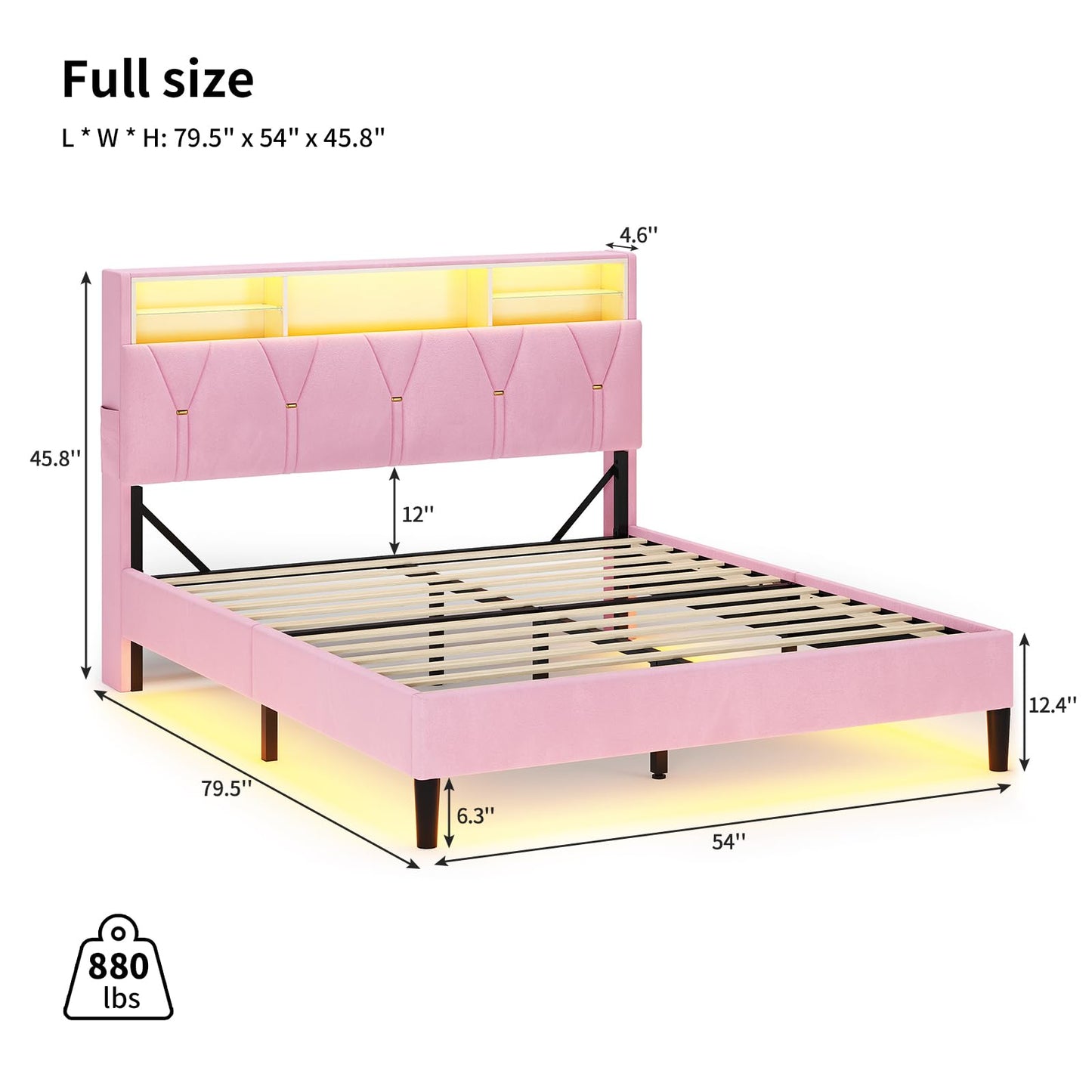 HAUOMS Bed Frame Linen Fabric LED Bed Frame Pink