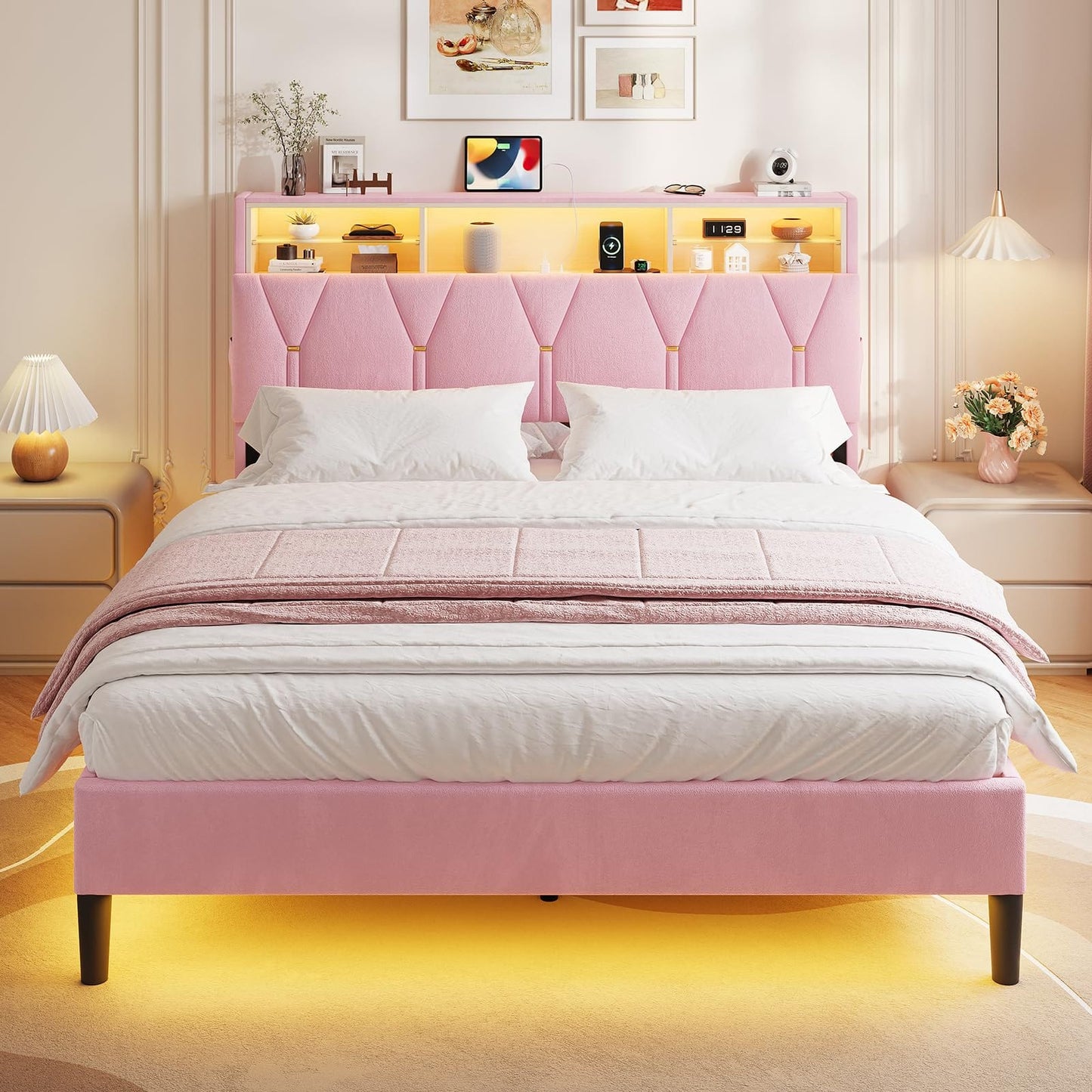 HAUOMS Bed Frame Linen Fabric LED Bed Frame Pink
