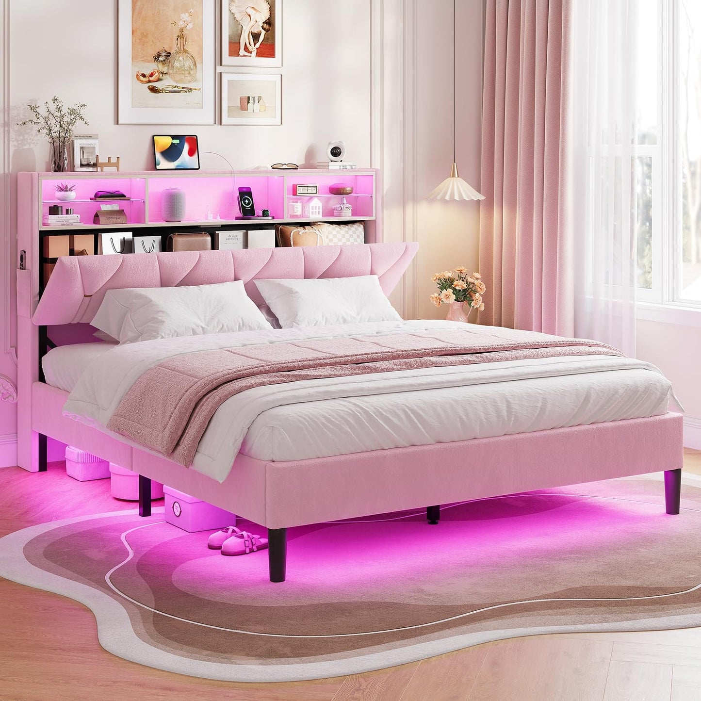 HAUOMS Bed Frame Linen Fabric LED Bed Frame Pink