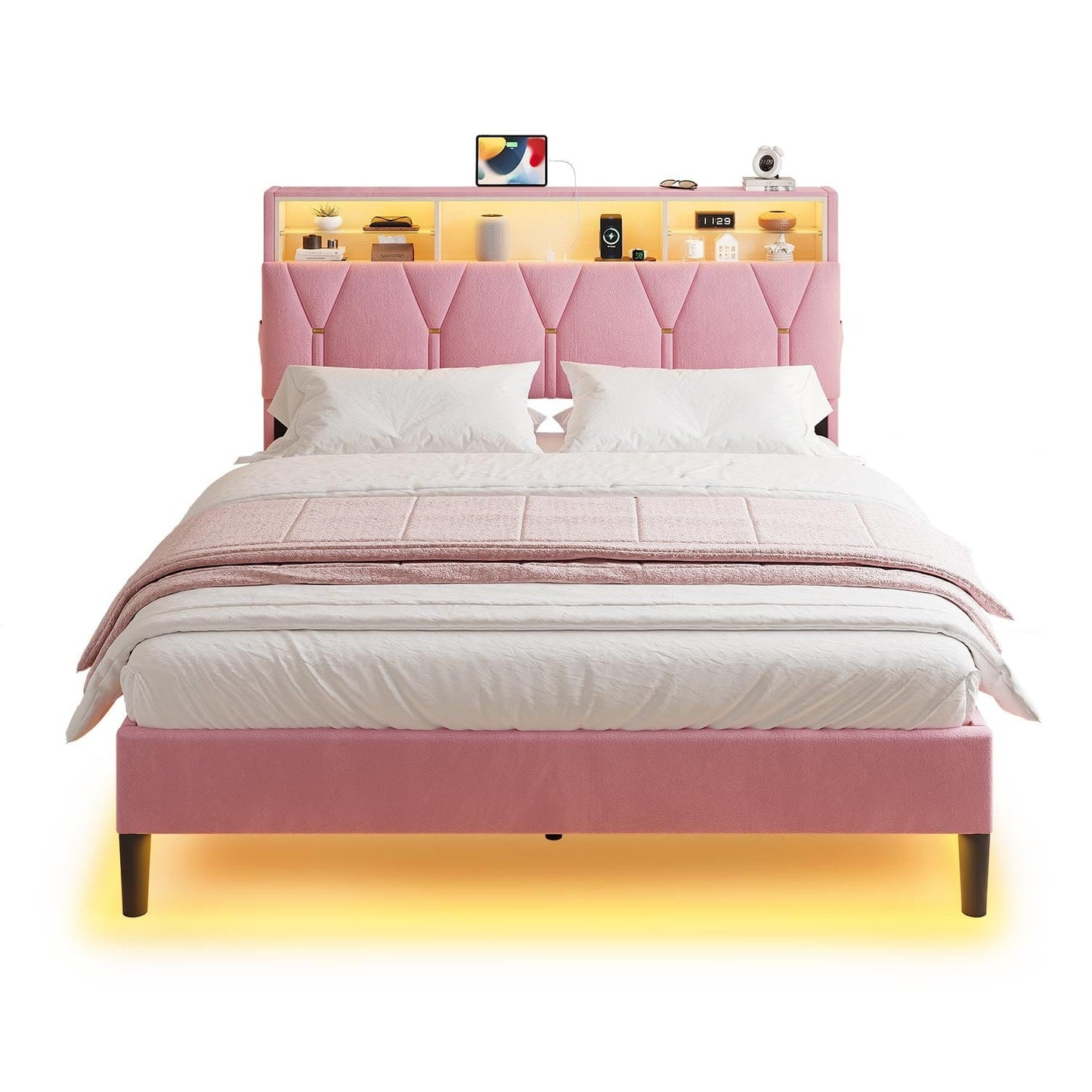 HAUOMS Bed Frame Linen Fabric LED Bed Frame Pink