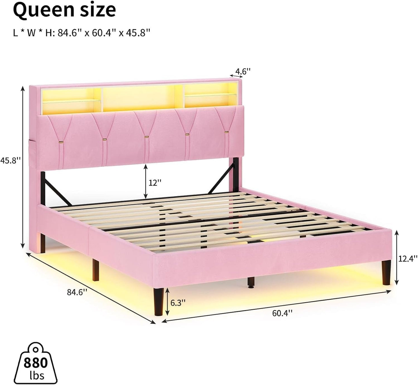 HAUOMS Bed Frame Pink / Queen Size Linen Fabric LED Bed Frame Pink