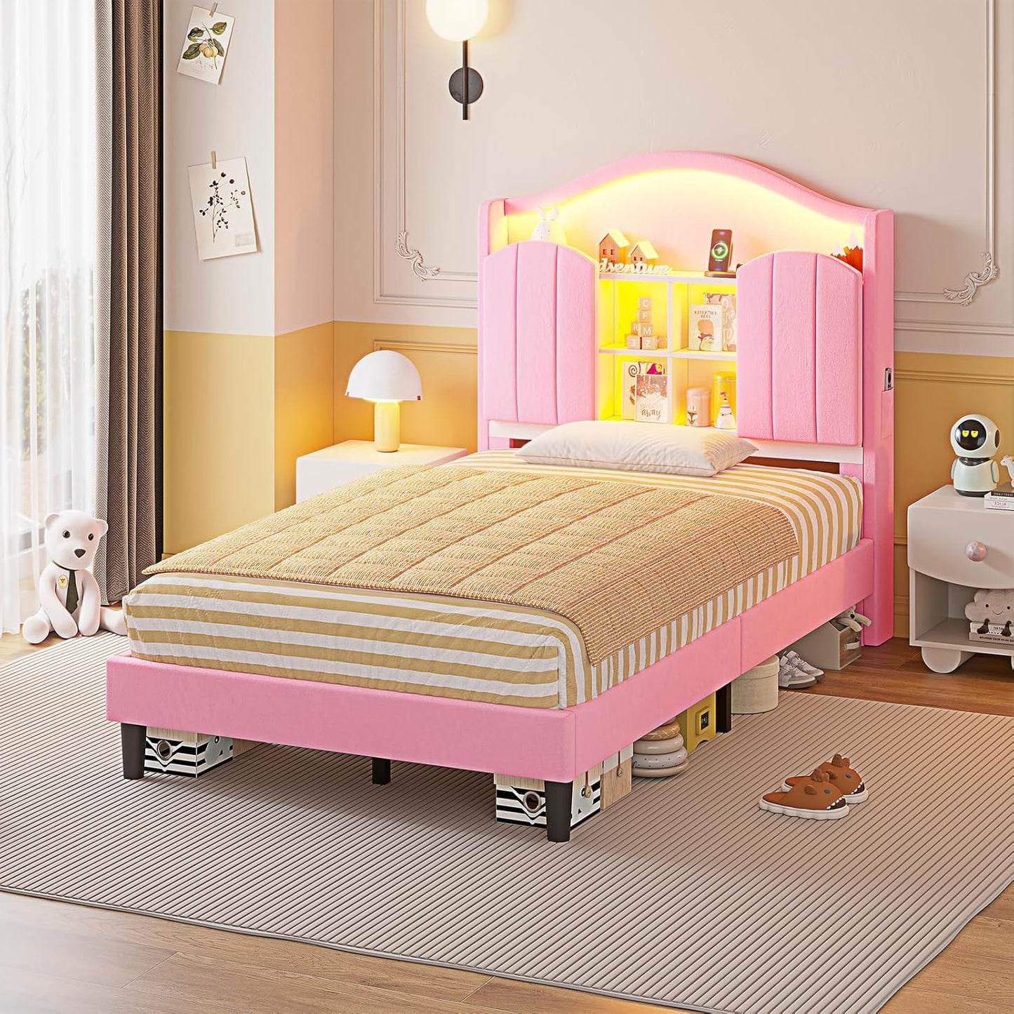 HAUOMS Bed Frame Pink Twin Size Bed Frame with LED Lights Pink