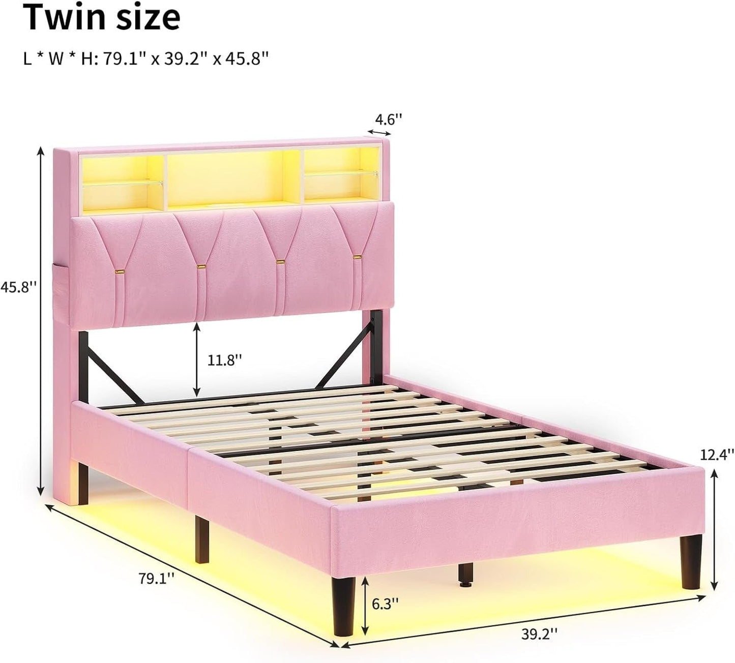HAUOMS Bed Frame Pink / Twin Size Linen Fabric LED Bed Frame Pink