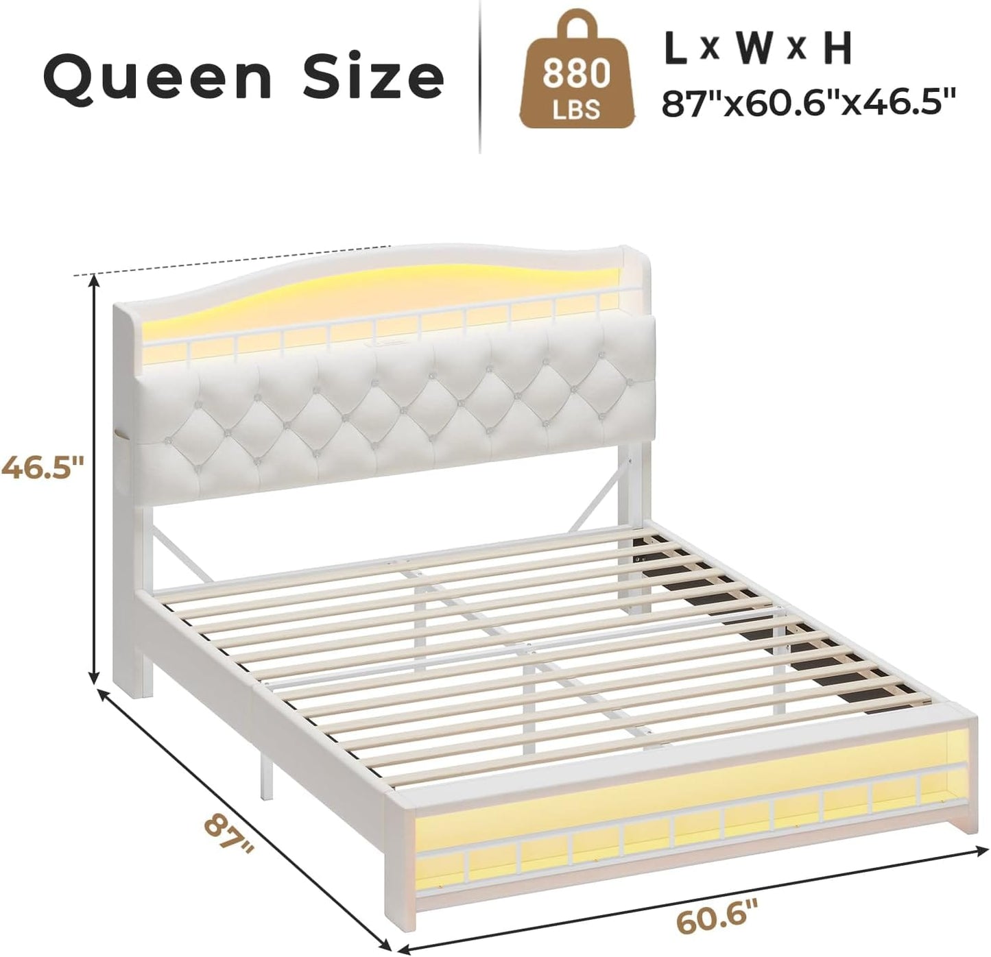 HAUOMS Bed Frame Queen Bed Frame with LED Light Beige