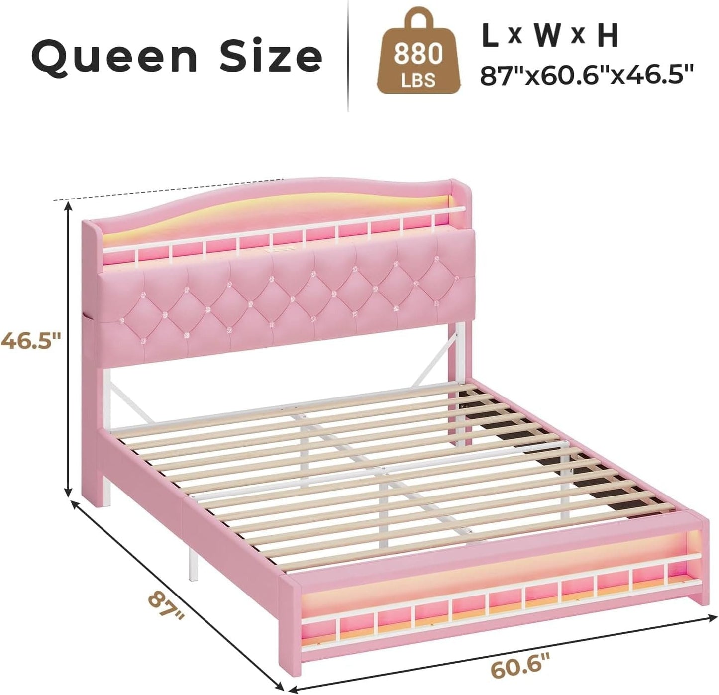 HAUOMS Bed Frame Queen Bed Frame with LED Light Pink