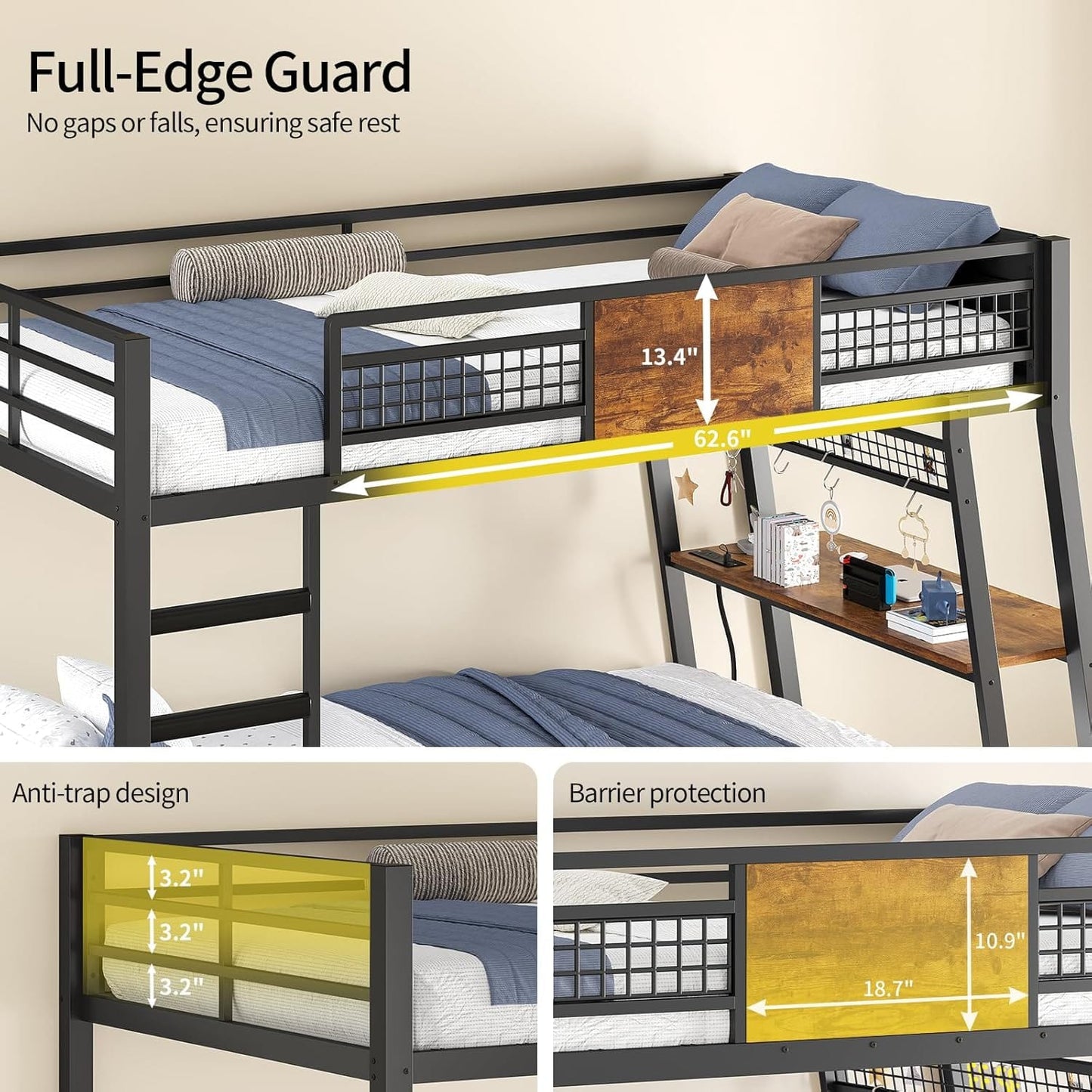 HAUOMS Bed Frame Rustic Brown Bunk Bed with Desk Rustic Brown