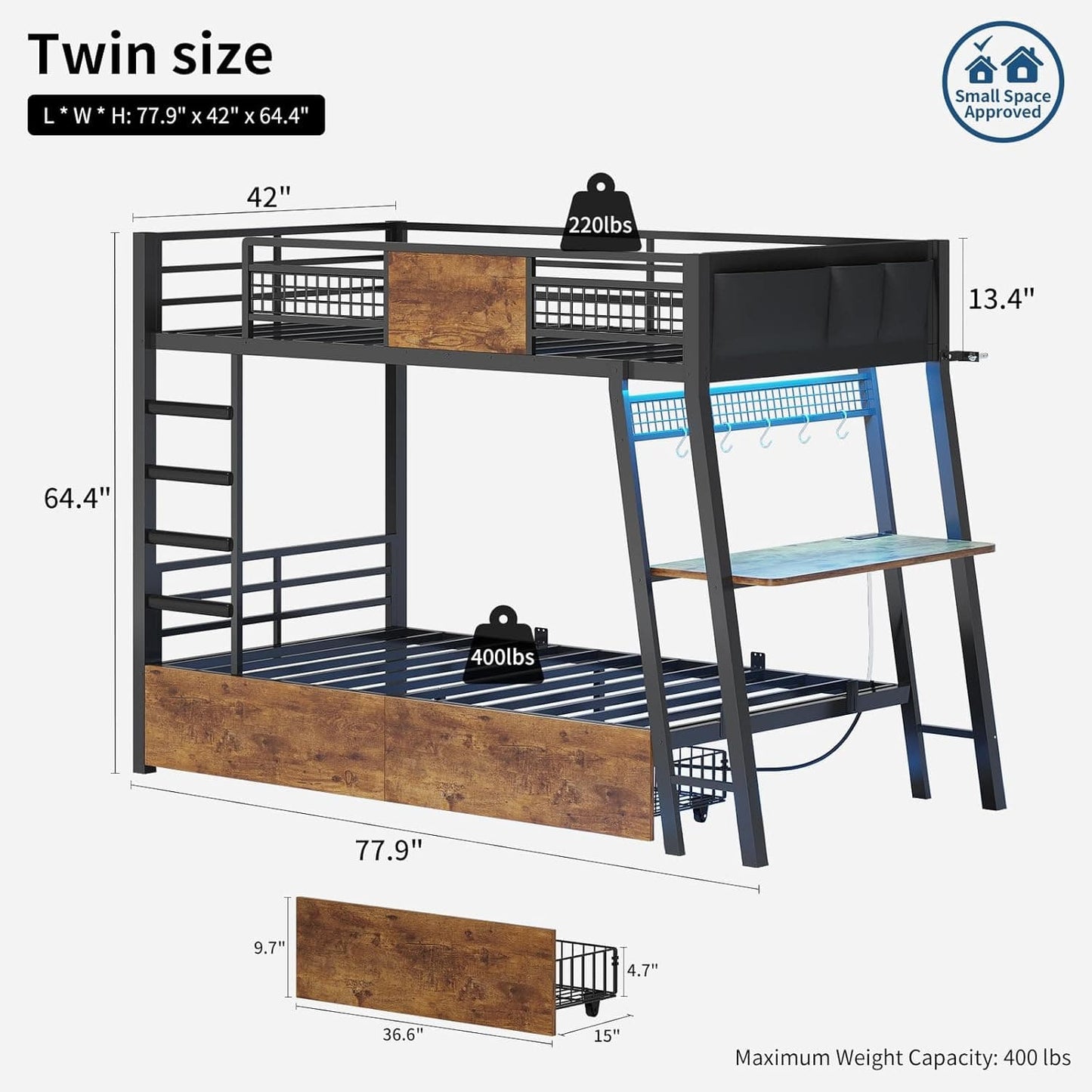 HAUOMS Bed Frame Rustic Brown Bunk Bed with Desk Rustic Brown