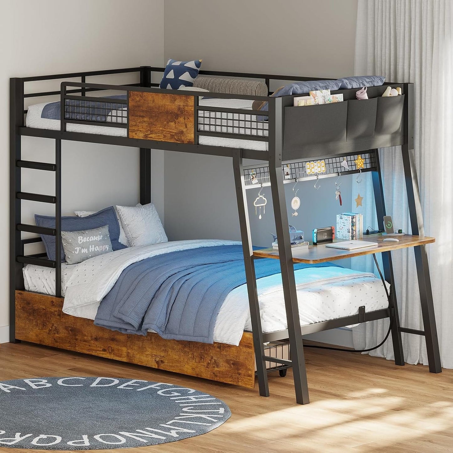 HAUOMS Bed Frame Rustic Brown Bunk Bed with Desk Rustic Brown
