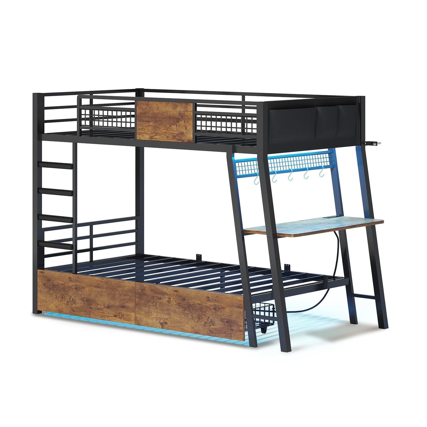 HAUOMS Bed Frame Rustic Brown LED Bunk Bed with Desk Rustic Brown