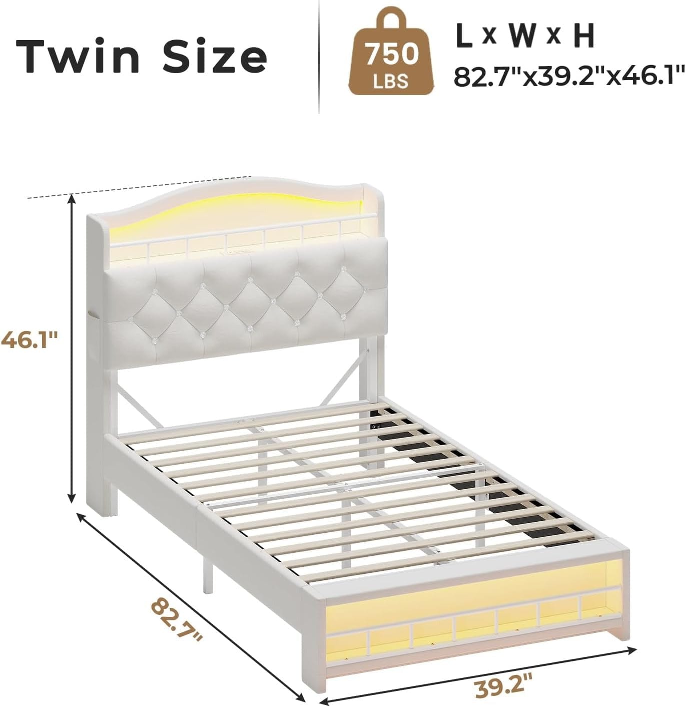 HAUOMS Bed Frame Twin Bed Frame with LED Light Beige