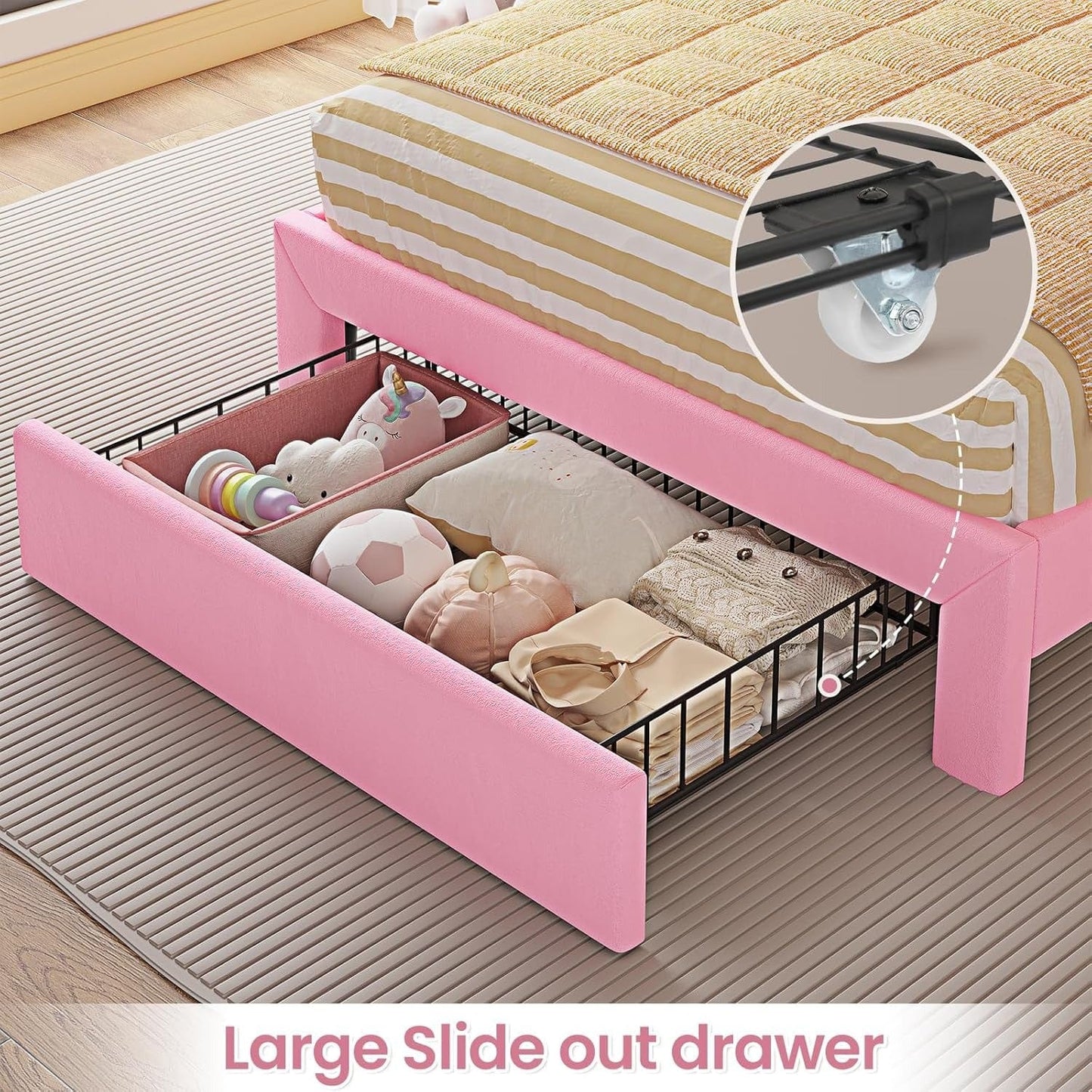 HAUOMS Bed Frame Twin Size Bed Frame with LED Lights Pink
