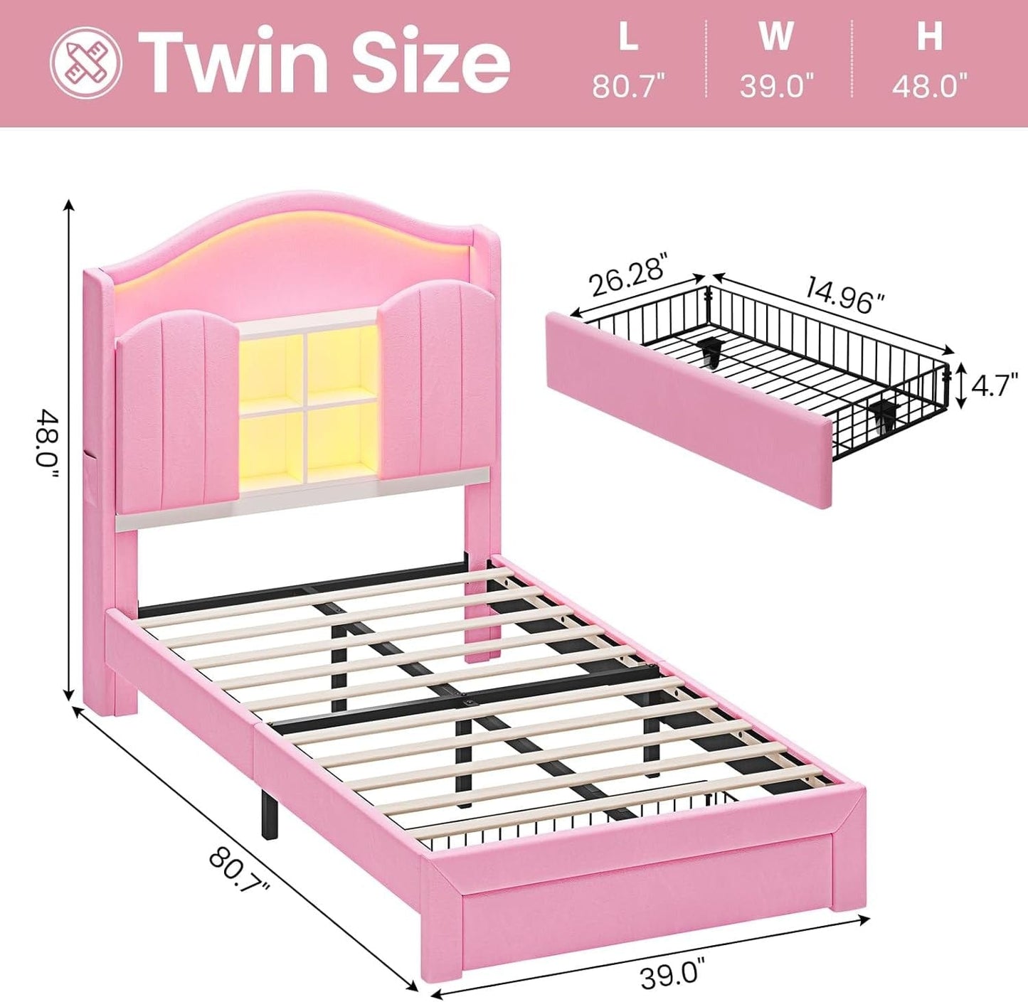 HAUOMS Bed Frame Twin Size Bed Frame with LED Lights Pink