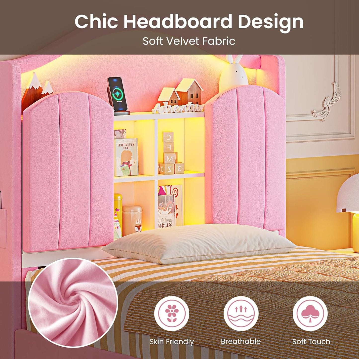 HAUOMS Bed Frame Twin Size Bed Frame with LED Lights Pink