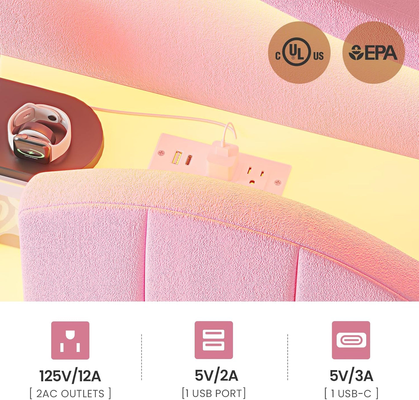 HAUOMS Bed Frame Twin Size Bed Frame with LED Lights Pink