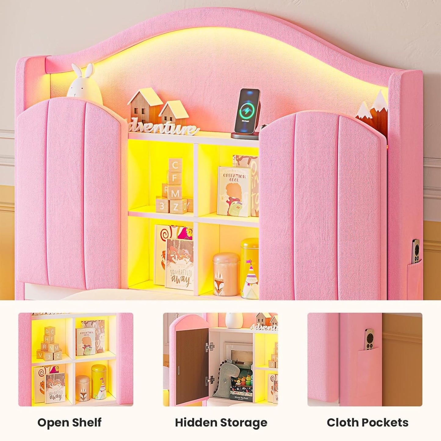 HAUOMS Bed Frame Twin Size Bed Frame with LED Lights Pink