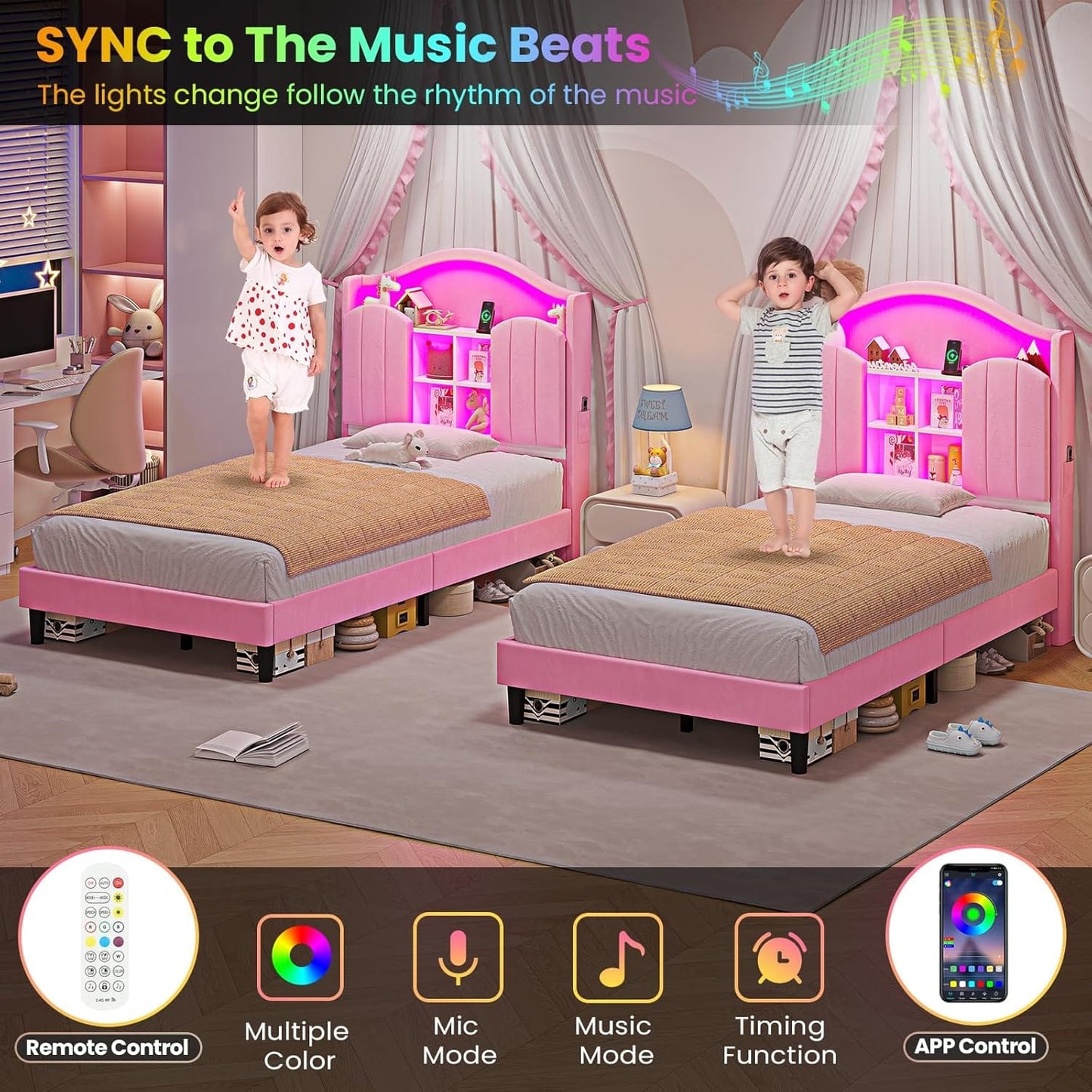 HAUOMS Bed Frame Twin Size Bed Frame with LED Lights Pink